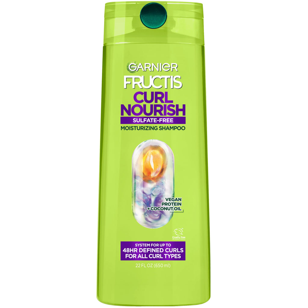 Garnier Fructis Curl Nourish Moisturizing Shampoo for Curly Hair, Plant Protein and Coconut Oil Formula, Up to 48HR of Curl Definition, Sulfate Free & Vegan, 22 Fl Oz (Packaging May Vary)