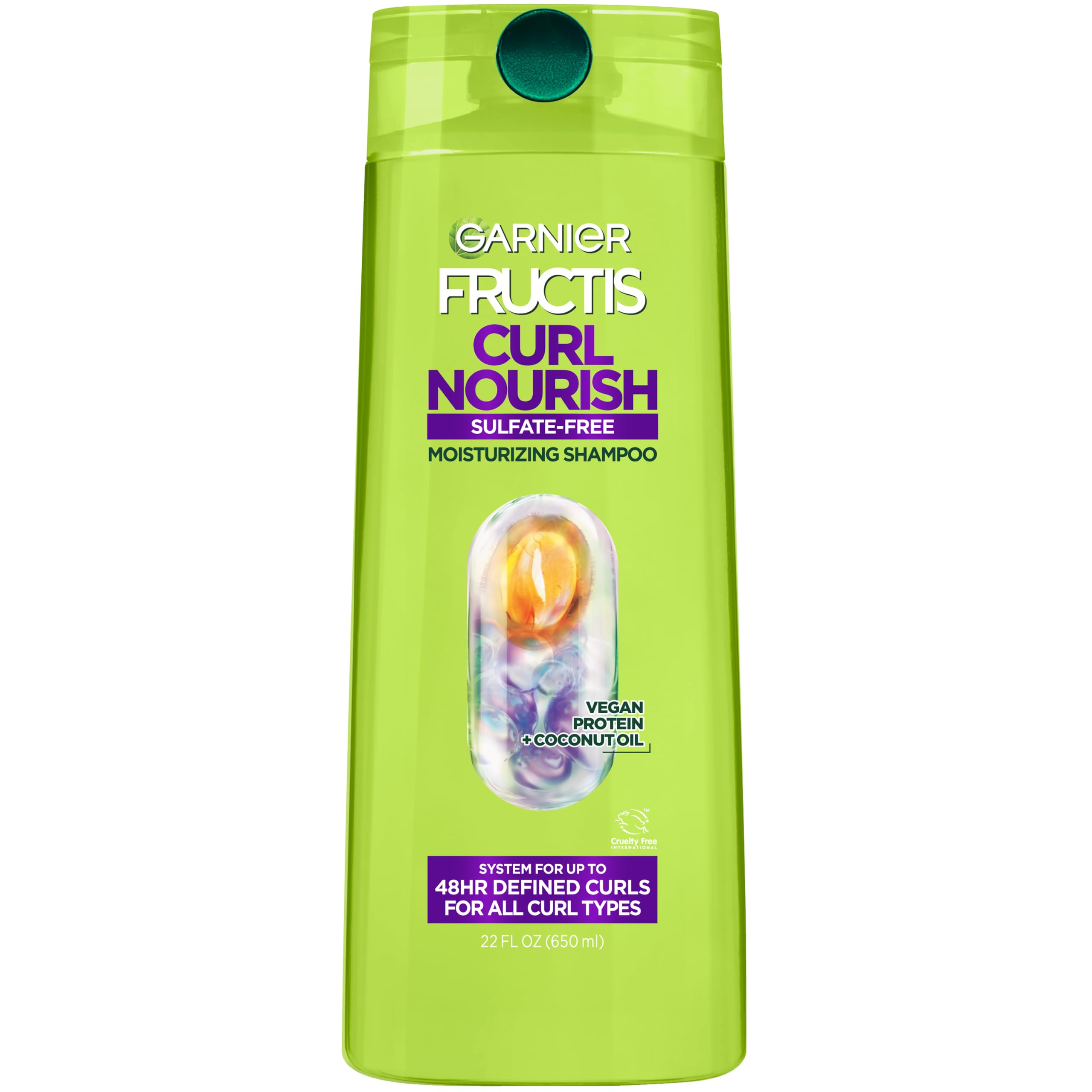 Garnier Fructis Curl Nourish Moisturizing Shampoo for Curly Hair, Plant Protein and Coconut Oil Formula, Up to 48HR of Curl Definition, Sulfate Free & Vegan, 22 Fl Oz (Packaging May Vary)