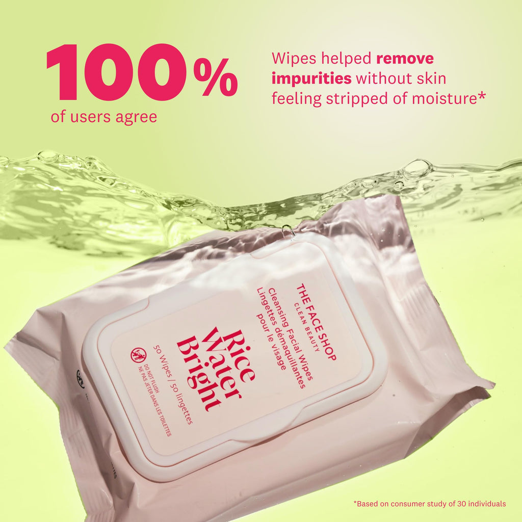 THE FACE SHOP Rice Water Bright Makeup Remover Wipes for Face, Moisturizing, Infused with Rice Extract, Disposable Cleansing Facial Wipes, 50 Count