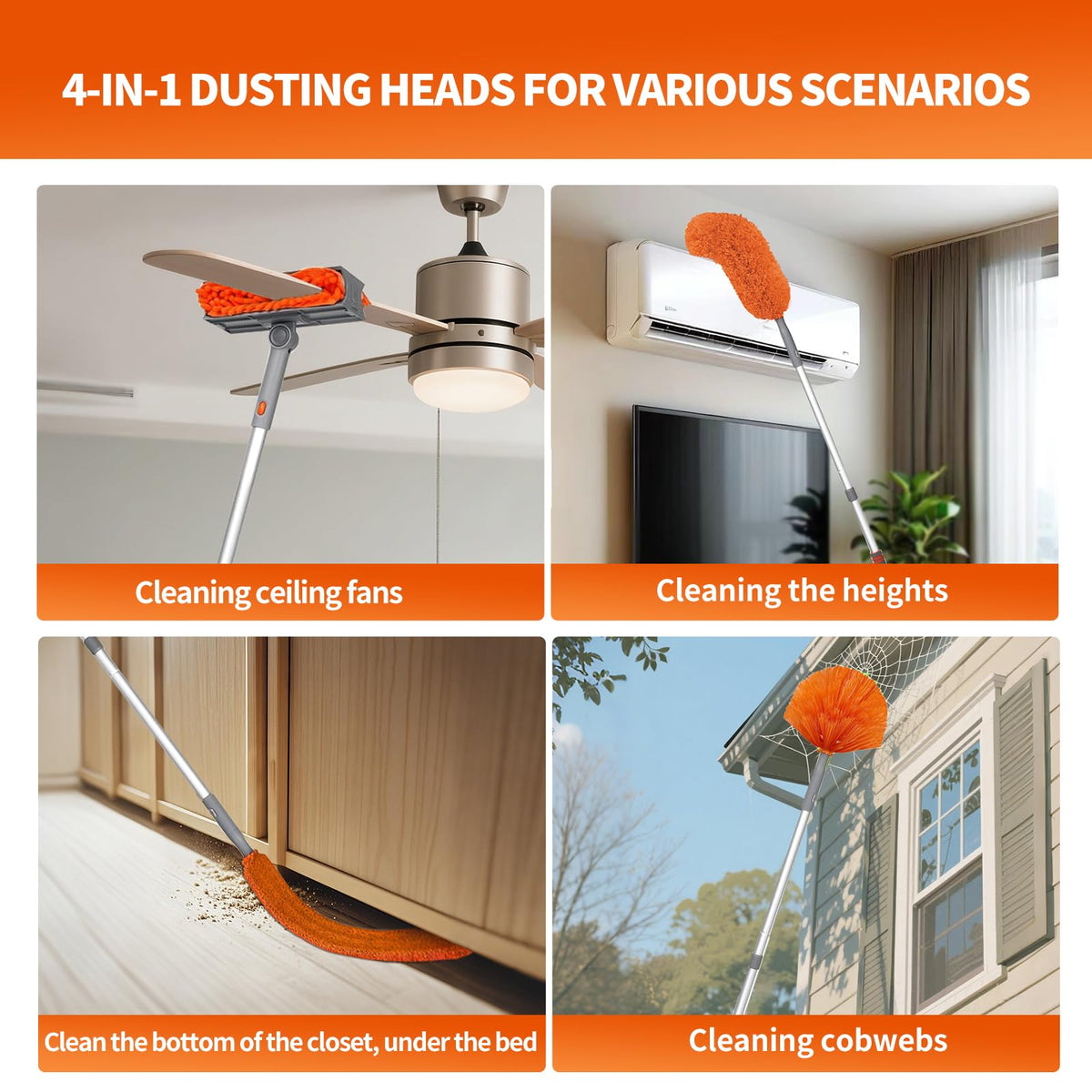 Ceiling Fan Cleaner Duster with 72‘’ Extendable Long Handle Cleaning Duster Kit, Reusable Chenille & Microfiber Mop Head for High Ceiling Fan Blade Wall Blinds Cobweb