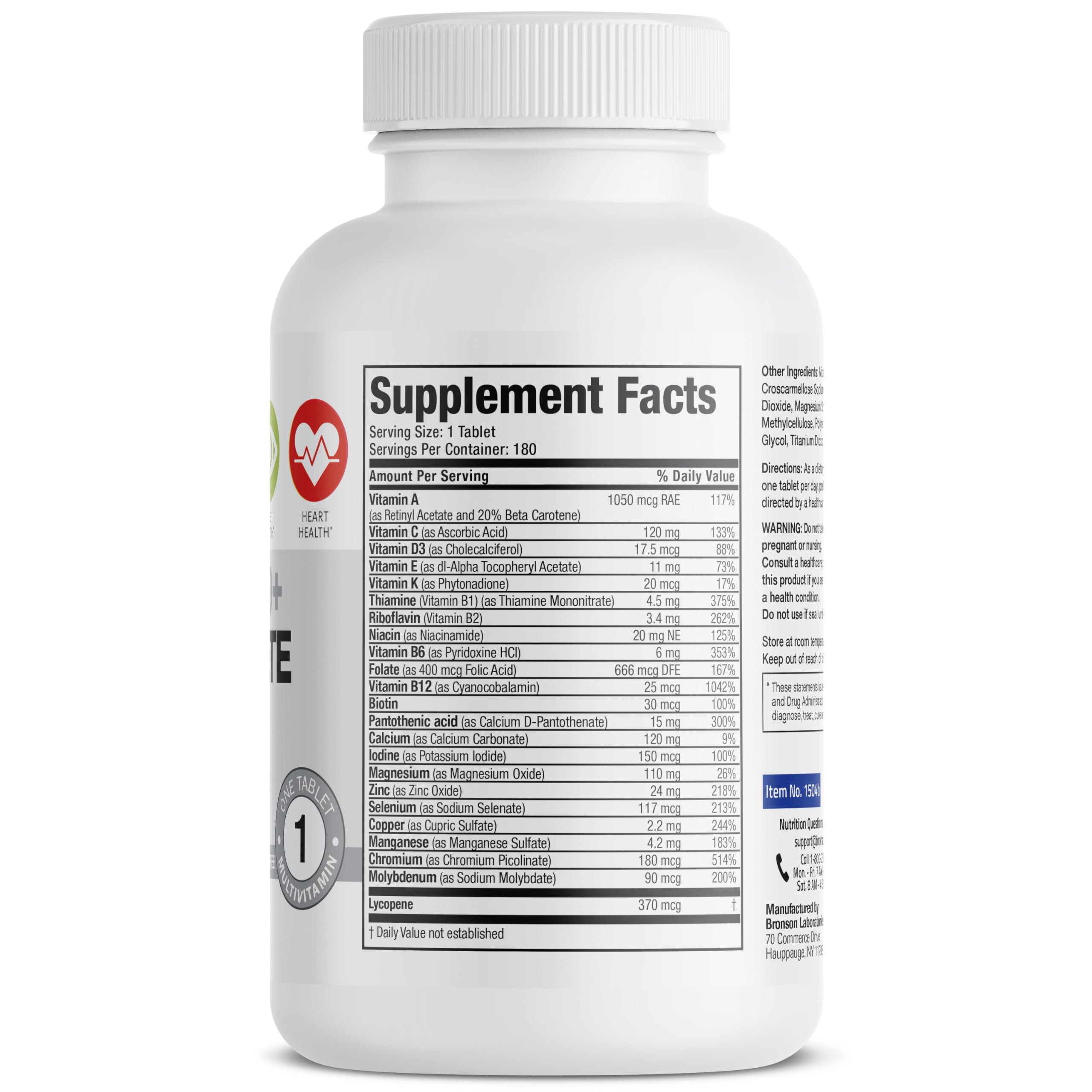 Bronson ONE Daily Mens 50+ Complete Multivitamin Multimineral, 180 Tablets | Once-Daily, Targeted Nutrition For Active Men Over 50, Non-GMO, Gluten-Free, Soy-Free
