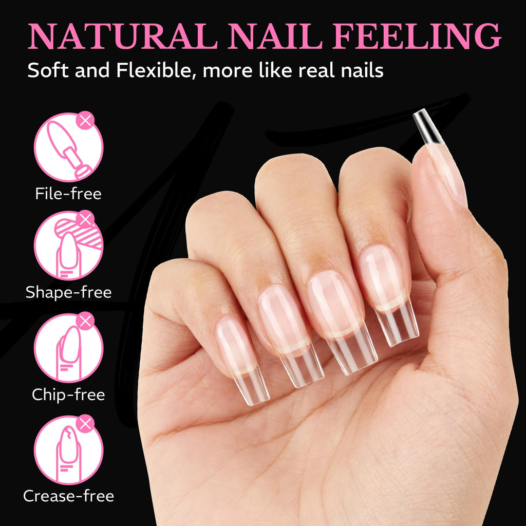 Premium 600-piece Medium Almond Nail Tips in soft gel for a natural nail look, chip-free and crease-free design.