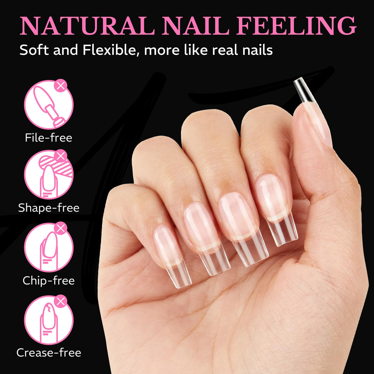 Premium 600-piece Medium Almond Nail Tips in soft gel for a natural nail look, chip-free and crease-free design.