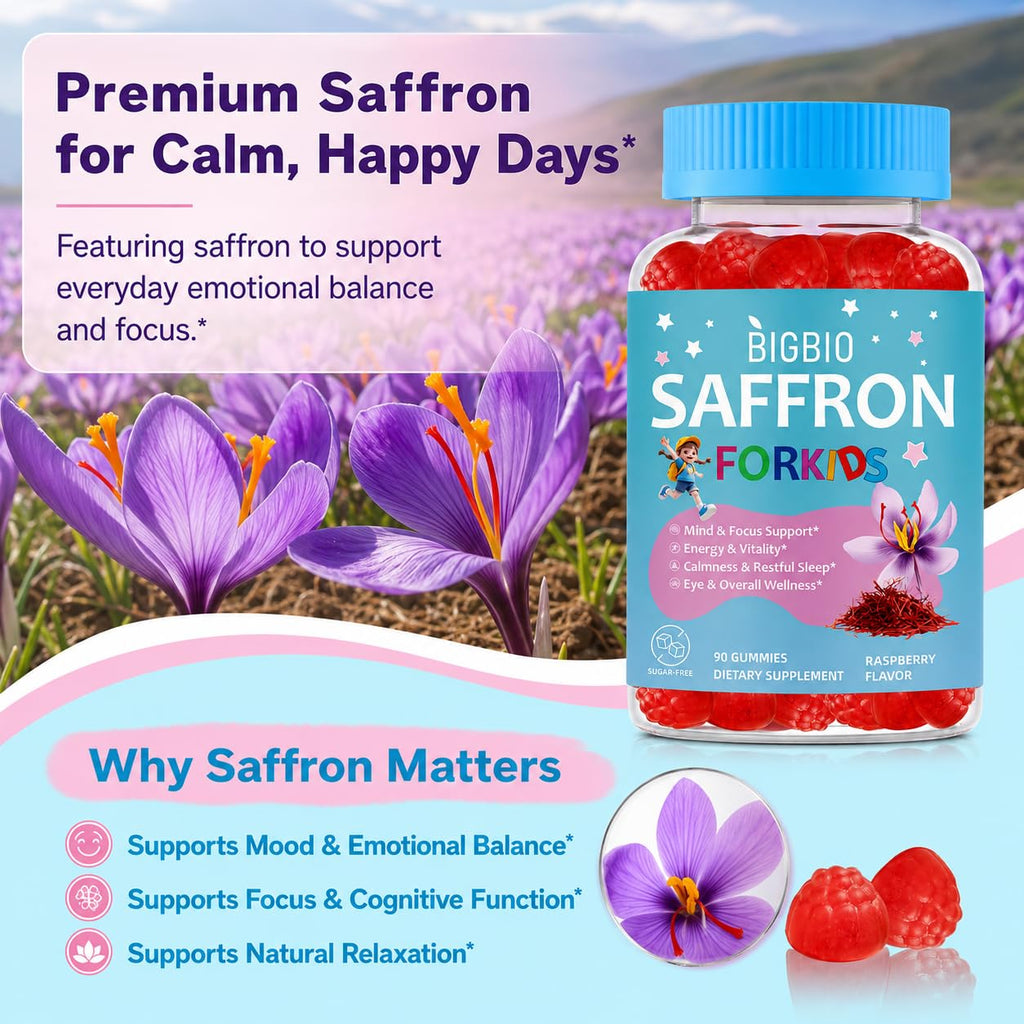 Saffron for Kids, Happy Mood Gummies, Magnesium Glycinate, Omega-3, Holy Basil, L-Theanine, Rosemary, B6, D3 for Calm, Focus, Cognition, Sleep, Sugar Free Saffron Extract Supplement, 90 Gummies