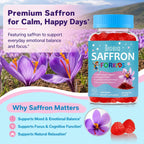 Saffron for Kids, Happy Mood Gummies, Magnesium Glycinate, Omega-3, Holy Basil, L-Theanine, Rosemary, B6, D3 for Calm, Focus, Cognition, Sleep, Sugar Free Saffron Extract Supplement, 90 Gummies