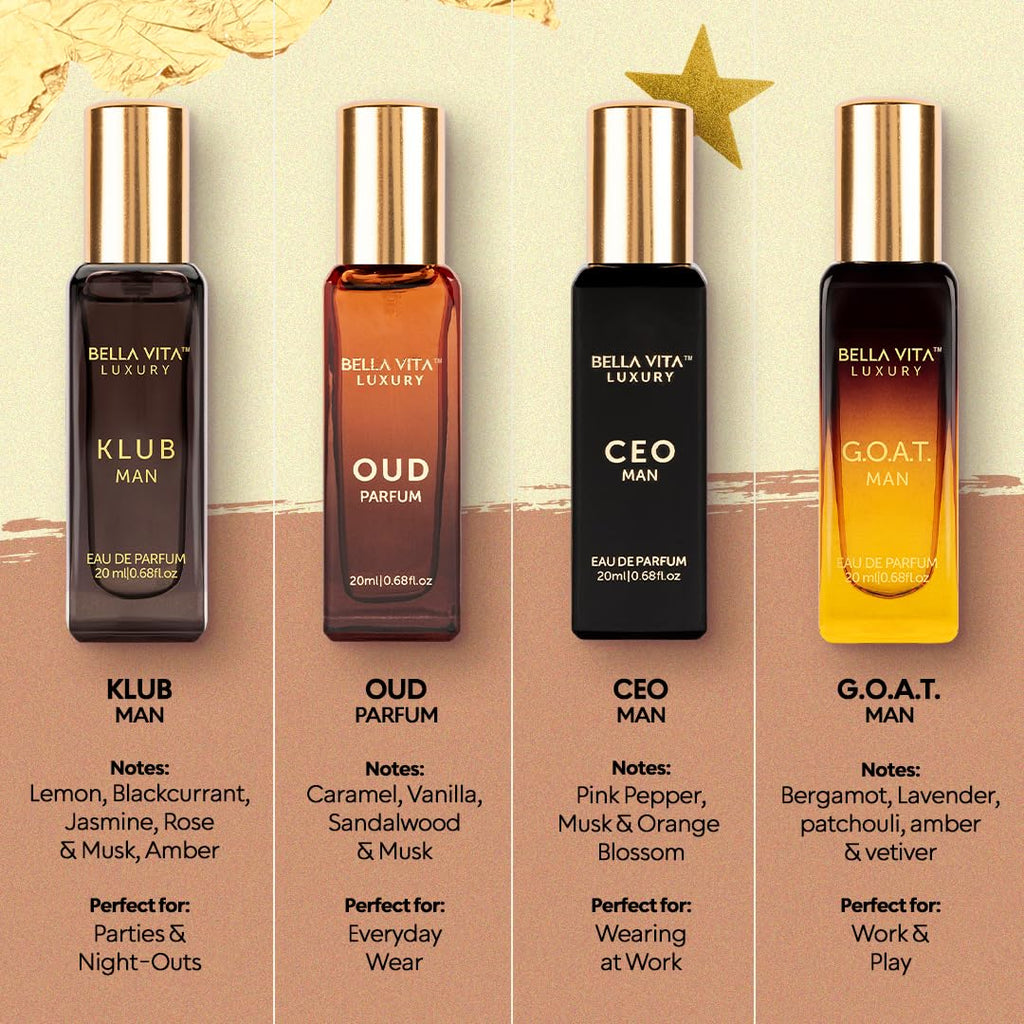 Buy now Bella Vita Luxury Long Lasting Perfume Gift Set for Man | 4x20ml | Gifts for Men | Woody, Citrusy, Oud, Premium Fragrance Scent | KLUB, OUD, CEO, G.O.A.T | Best gift for Valentine's Day at indiglob india