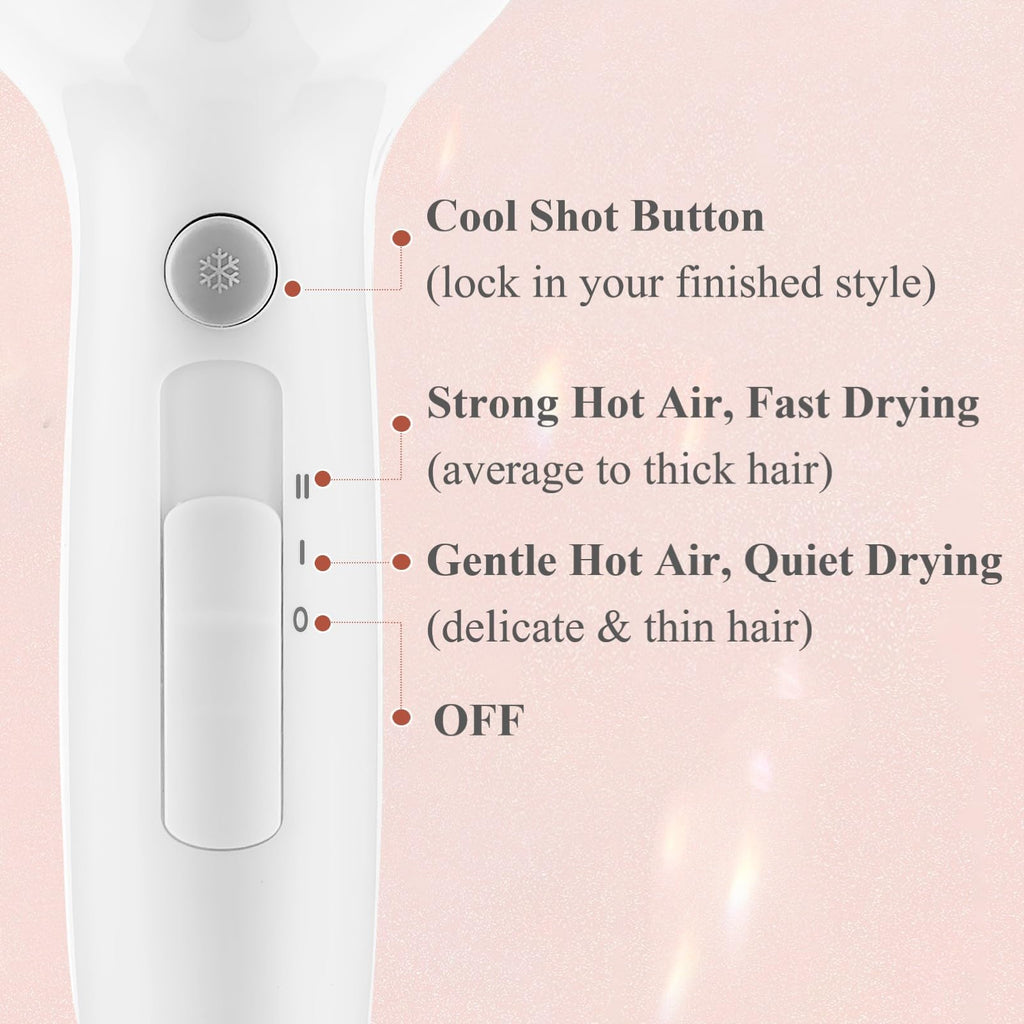 1875W Compact Hair Blow Dryer with Diffuser & Concentrator, White