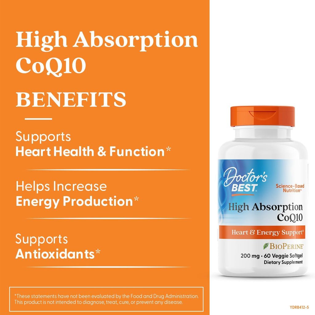 Buy now Doctor's Best High Absorption COQ10, Heart & Energy Support, USP Verified, Naturally Fermented CoQ10, Non-GMO Gluten Free, Soy Free, 60 Veggie Softgels at indiglob india