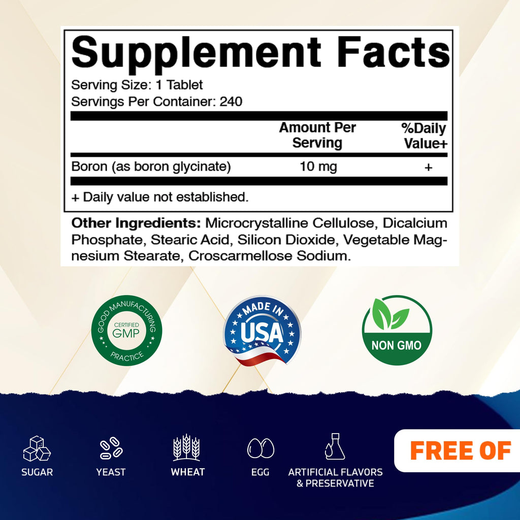 Vitamatic Chelated Boron (as Glycinate) 10mg 240 Tablets - Supports Hormone Balance, Bone Health & Connective Tissue