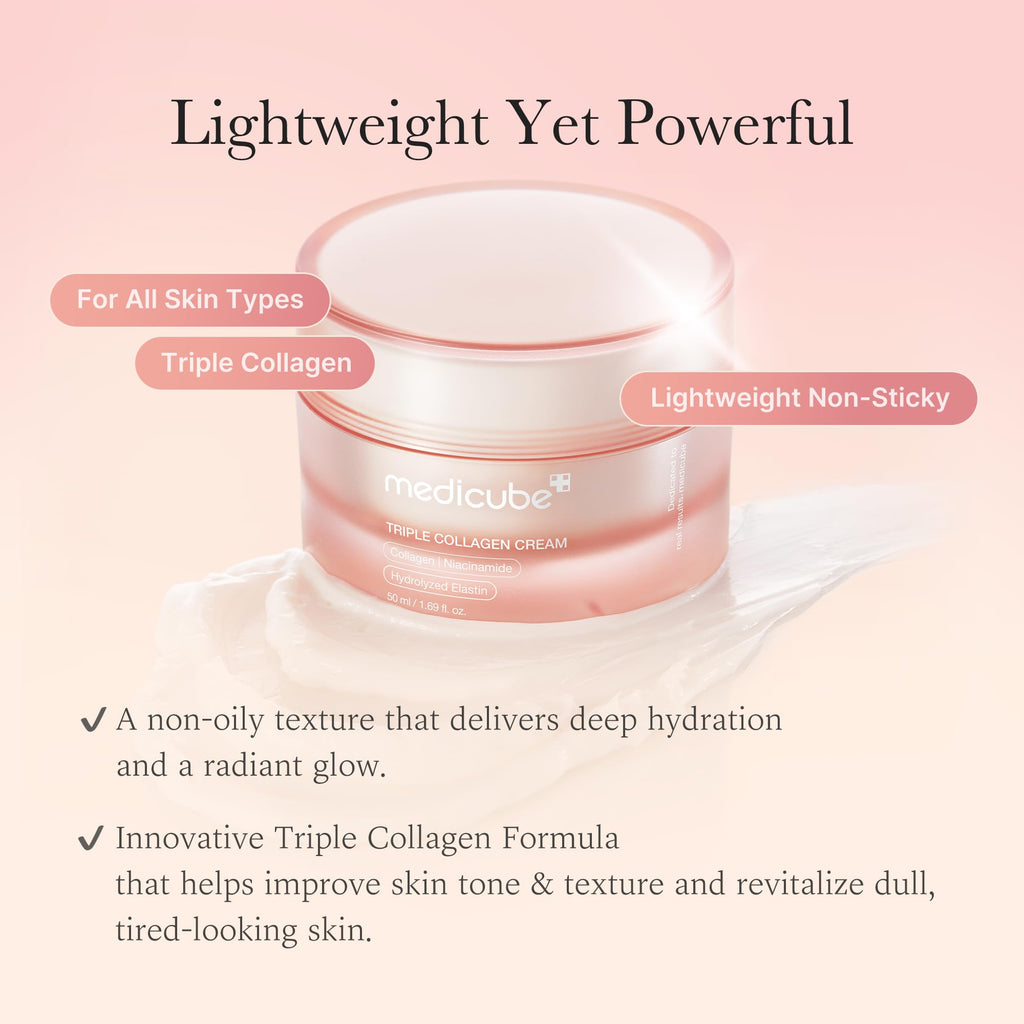 medicube Triple Collagen Cream for Hydrating & Firming | Moisturizer with Hyaluronic Acid, Premium Elastin, Shea Butter - Wrinkle Care & Boosts Elasticity, Korean Skincare, 1.69 oz