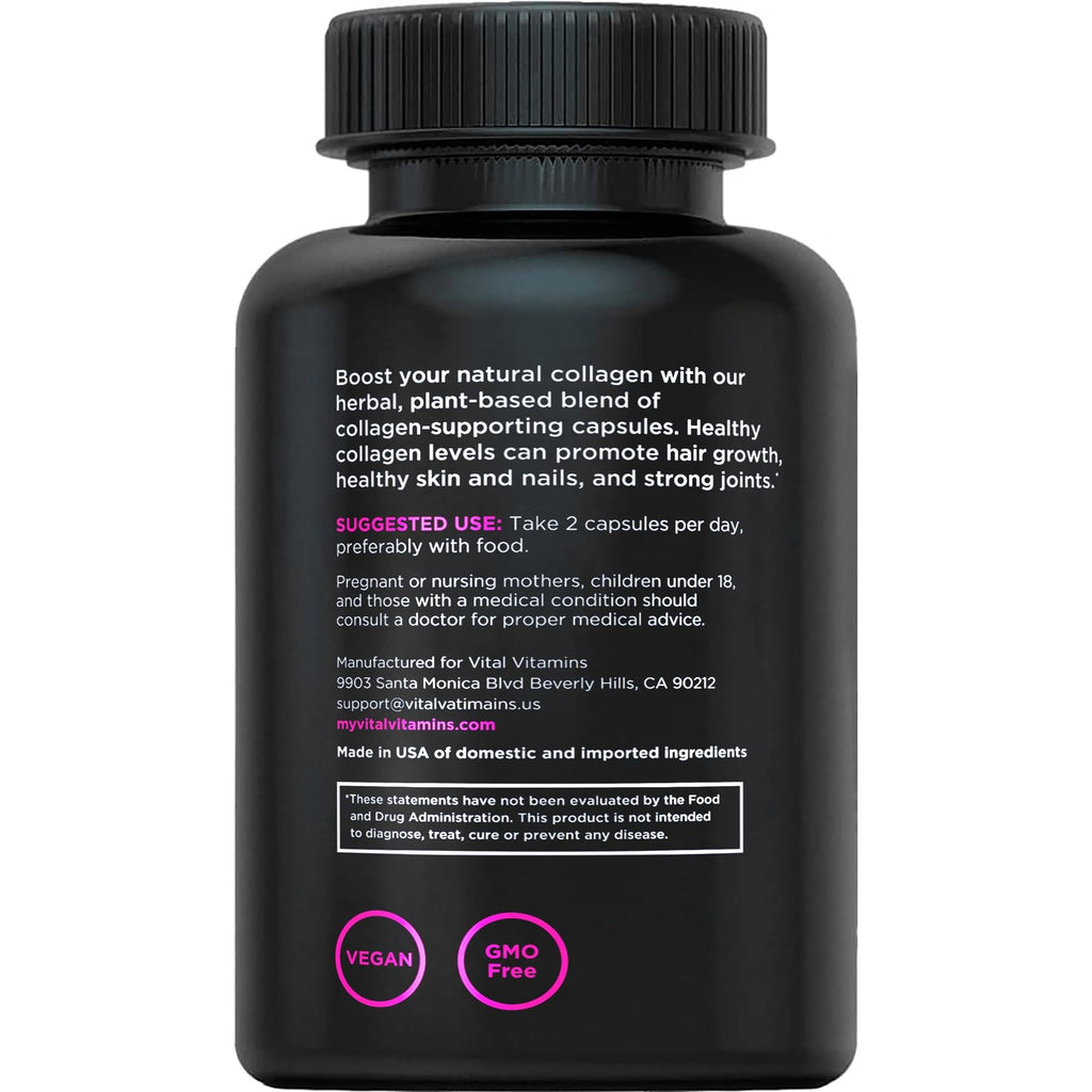 Vital Vitamins Vegan Collagen Booster Supplements, 60 Capsules | Supports Skin, Hair, Nails & Joints, Formulated with 30+ Superfoods, Hyaluronic Acid, Silica & Vitamin A, Non-GMO