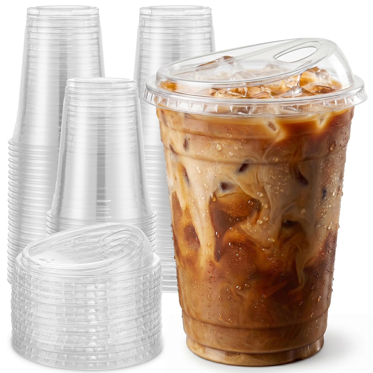 VITEVER 25 Pack - 16 oz Clear Plastic Cups with Strawless Sip Lids – Sturdy & Food Safe Disposable Iced Coffee Cups, BPA Free Smoothie Cups for Cold Drinks - 25 Pack