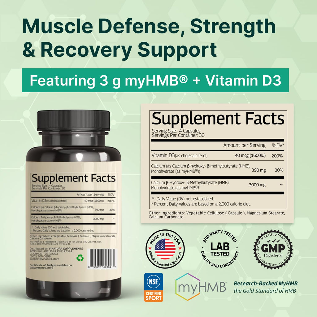 VINATURA HMB 3000mg and Vitamin D3 Supplement - Muscle Defense with HMB (Beta-Hydroxy Beta-Methylbutyrate), Vitamin D3 (1600 IU), Labs Tested & NSF Certified for Sport - 120 Capsules
