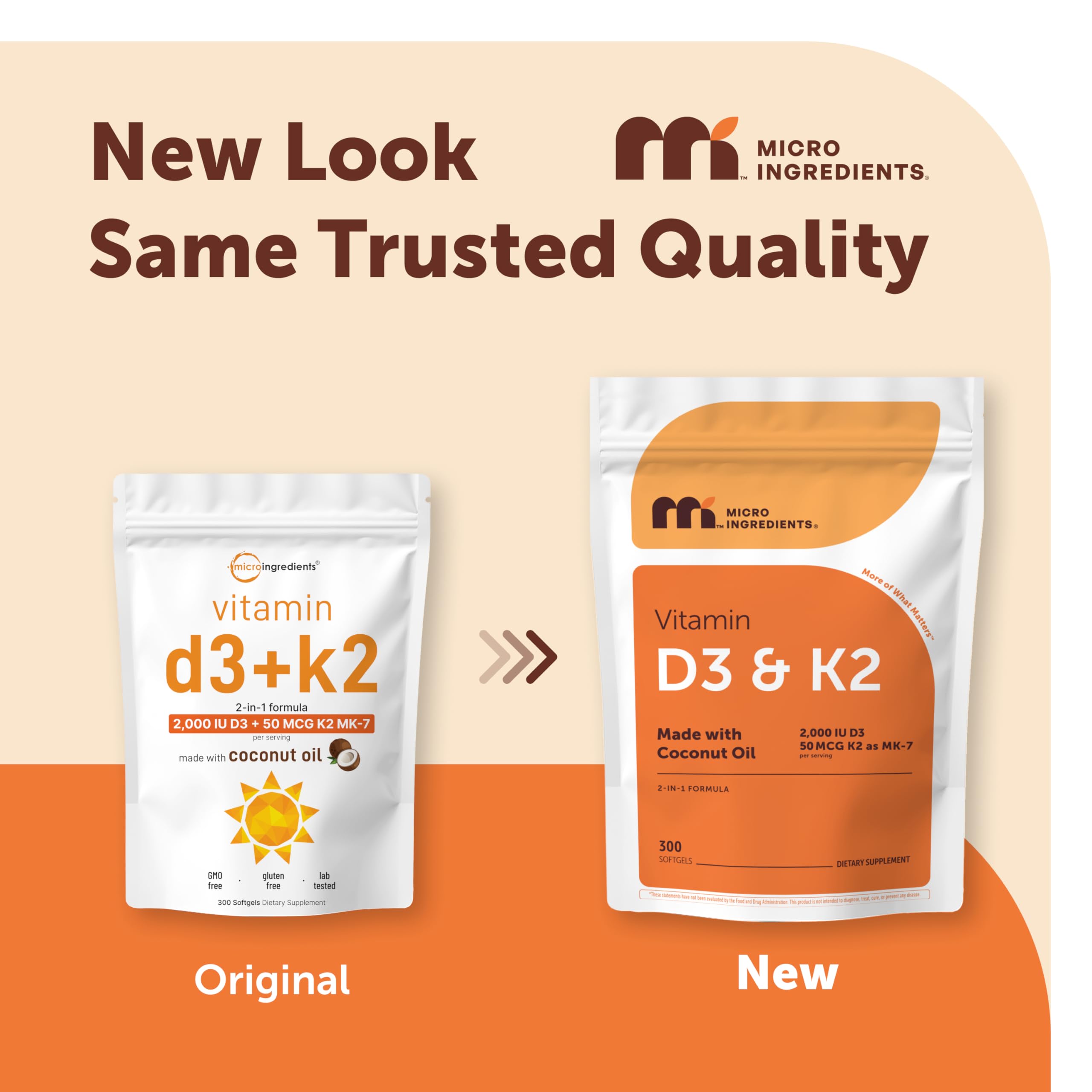 Micro Ingredients Vitamin D3 2,000 IU + K2 MK-7 50 mcg, 300 Softgels | Made with Coconut Oil | 2-in-1 Formula | Easy to Swallow, Non-GMO
