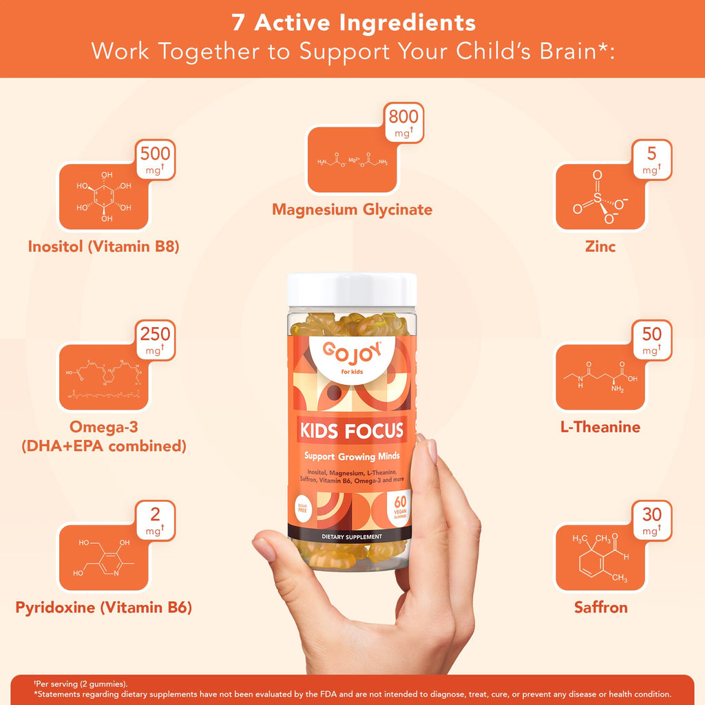 GOJOY NATURALS Kids Focus Gummies – Saffron, Magnesium Glycinate, L-Theanine & Inositol Supplement for Kids & Teens – Focus, Attention & Calm – Vegan, Sugar-Free, Non-GMO