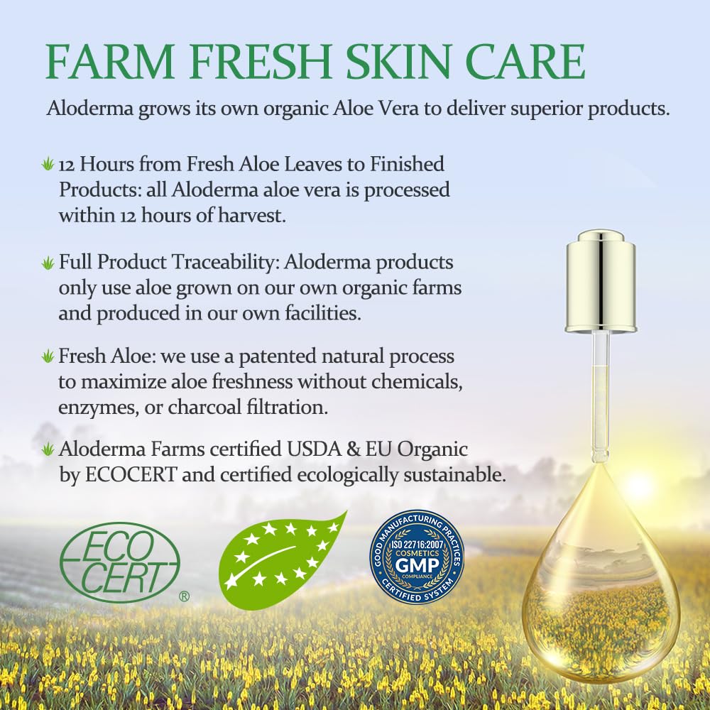 Aloderma Aloe Vera Gel Made within 12 Hours of Harvest with 99% Pure Organic Aloe Vera - Pump Bottle - Ideal for Face and Body, Soothing & Hydrating Sunburn Relief, Great for Scalp & Hair - 10.6oz