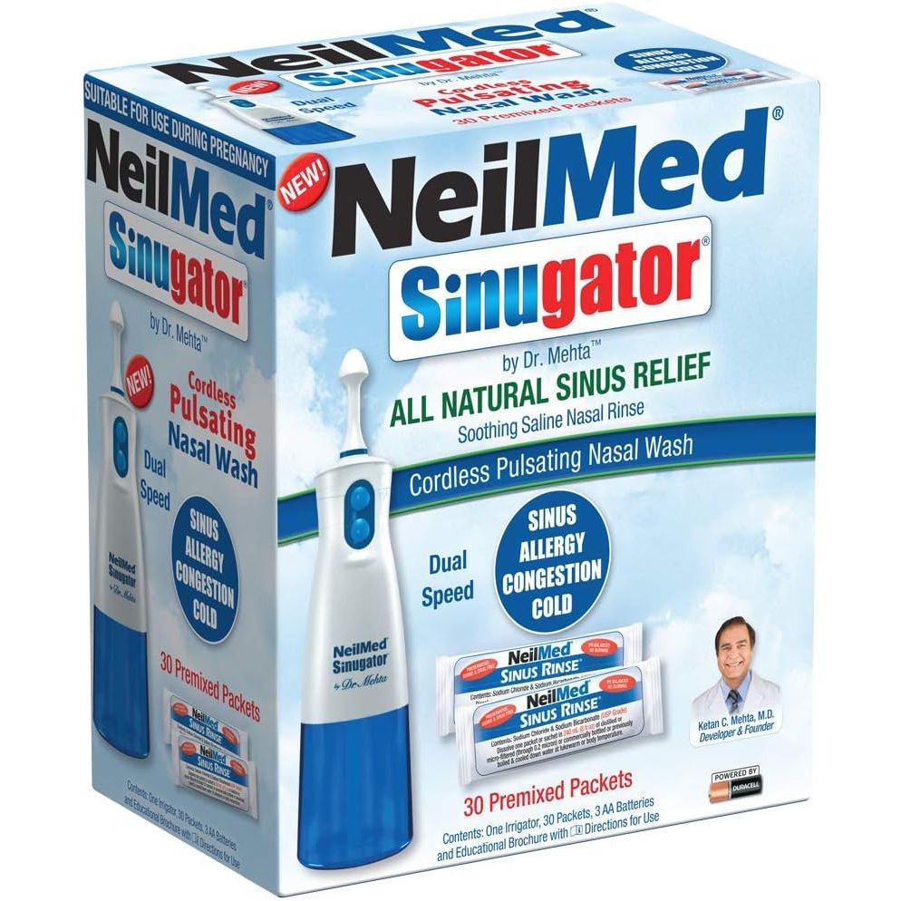 Buy now NeilMed Sinugator Cordless Pulsating Nasal Wash Kit with One Irrigator, 30 Premixed Packets and 3 AA Batteries(Pack of 1) 30 Count (Pack of 36) Blue at indiglob india