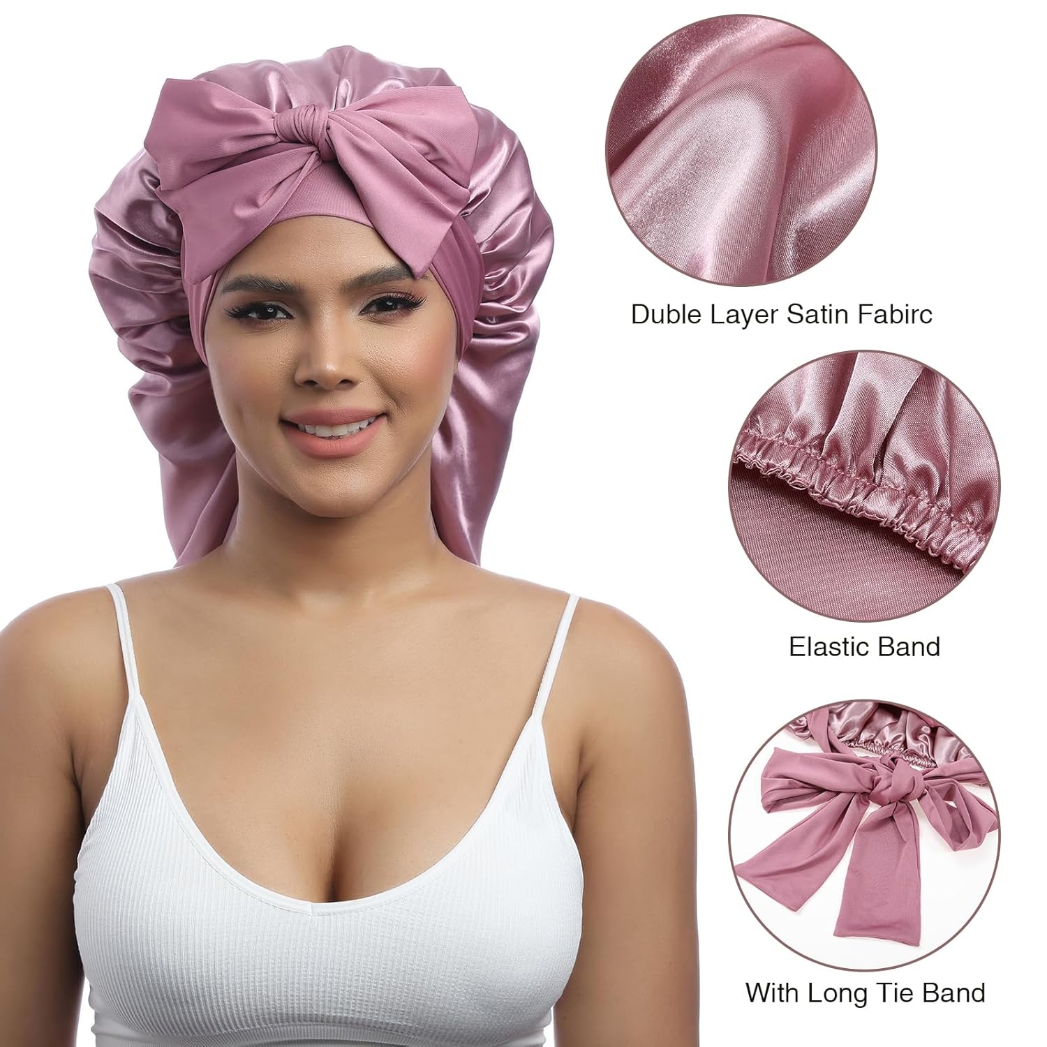 Buy now AWAYTR Long Satin Bonnet for Women - Double Layer Elastic Silk Bonnet for Braids Hair Sleeping Cap with Tie Band (Rose Gold) at indiglob india