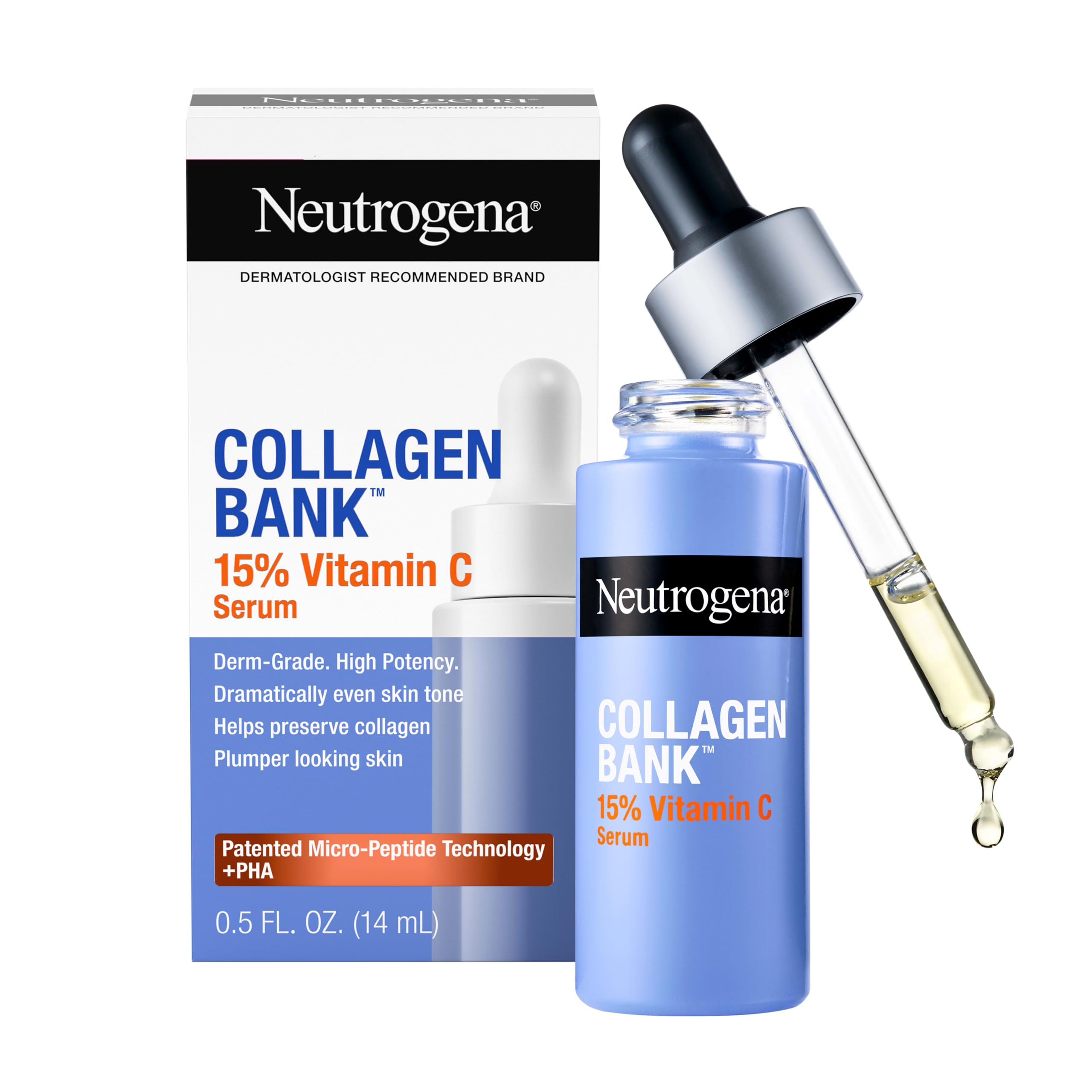 Neutrogena Collagen Bank 15%, Vitamin C Face Serum, 0.5 fl. oz | Fragrance-Free, for Anti-Aging Face and Neck, Collagen Essence, Micro-Peptides, Improves Uneven Tone, Plumps Skin