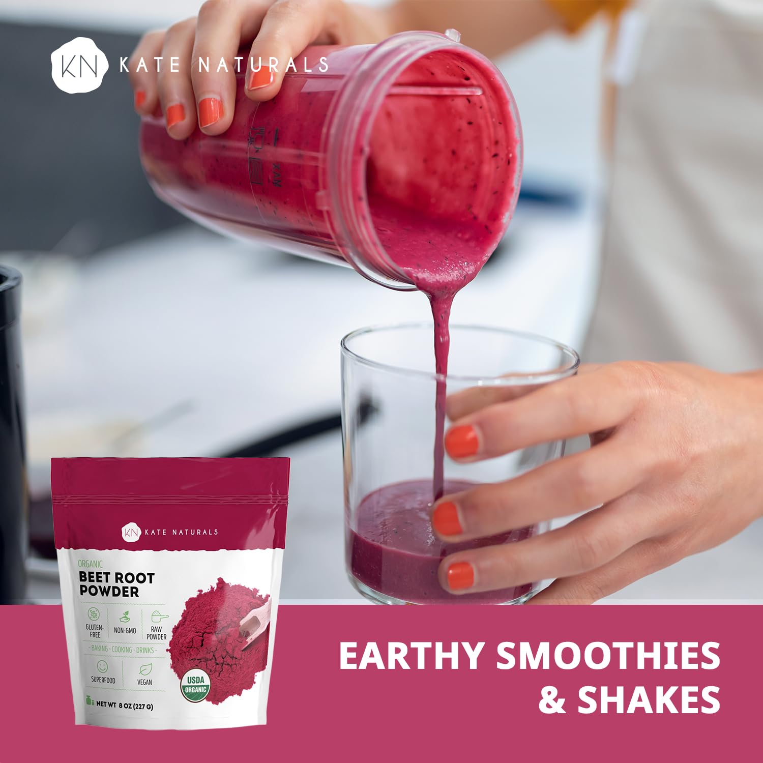 Kate Naturals Organic Beet Root Powder for Smoothies, Baking & Juice, 8oz | Non-GMO, Raw Beetroot Superfood Extract & Natural Red Food Coloring & Nitric Oxide, Earthy Flavor