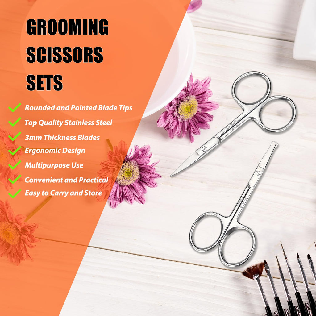 Facial Hair Small Grooming Scissors For Men Women, 2PCS Silver | Eyebrow, Nose Hair, Mustache, Beard, Eyelashes, Ear Trimming Kit, Curved and Rounded Safety Tip, Hair Cutting Clippers