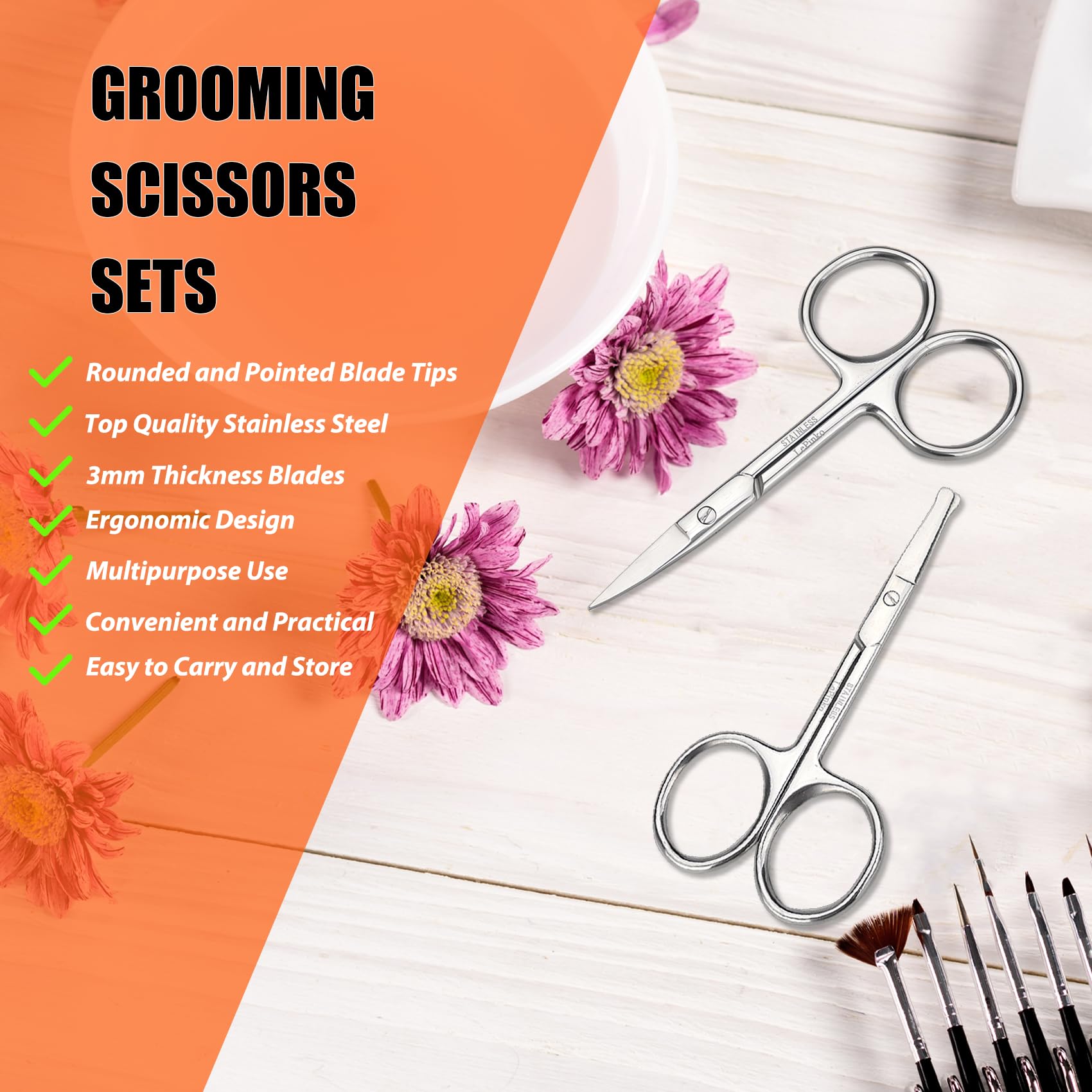 Facial Hair Small Grooming Scissors For Men Women, 2PCS Silver | Eyebrow, Nose Hair, Mustache, Beard, Eyelashes, Ear Trimming Kit, Curved and Rounded Safety Tip, Hair Cutting Clippers