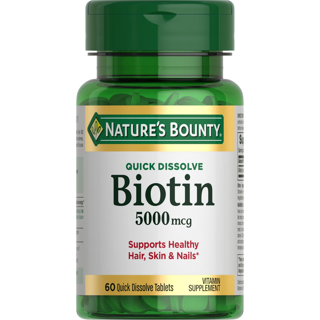 Nature's Bounty Biotin, 5000mcg, 60 Quick Dissolve Tablets | Supports Metabolism for Cellular Energy and Healthy Hair, Skin, and Nails