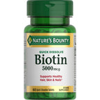 Nature's Bounty Biotin, 5000mcg, 60 Quick Dissolve Tablets | Supports Metabolism for Cellular Energy and Healthy Hair, Skin, and Nails