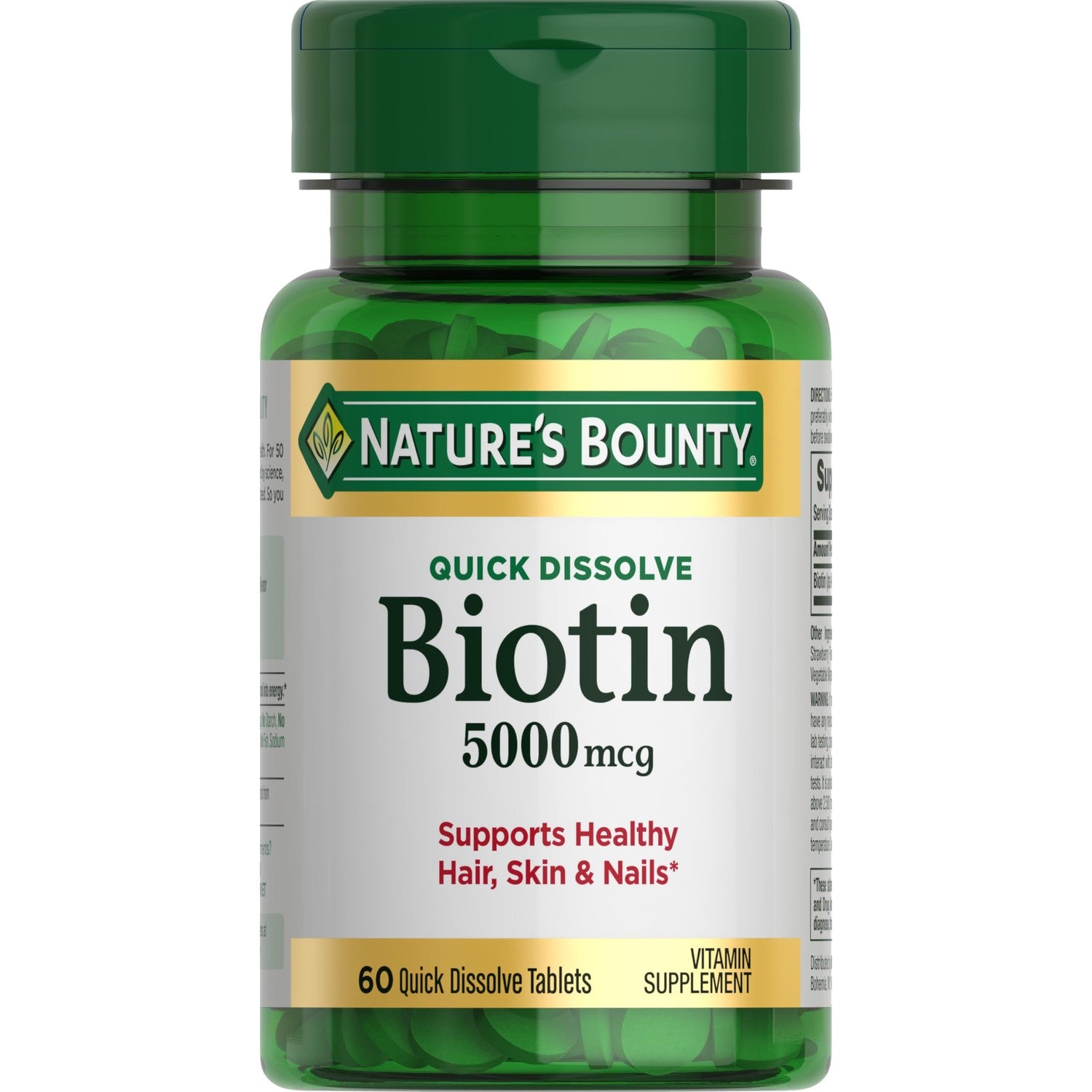 Nature's Bounty Biotin, 5000mcg, 60 Quick Dissolve Tablets | Supports Metabolism for Cellular Energy and Healthy Hair, Skin, and Nails