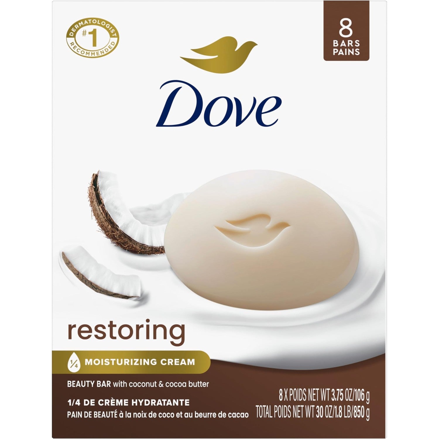 Dove Beauty Bar Soap Restoring Coconut & Cocoa Butter 6 Count 3.75 oz | For Restored Skin, Nourishes Skin