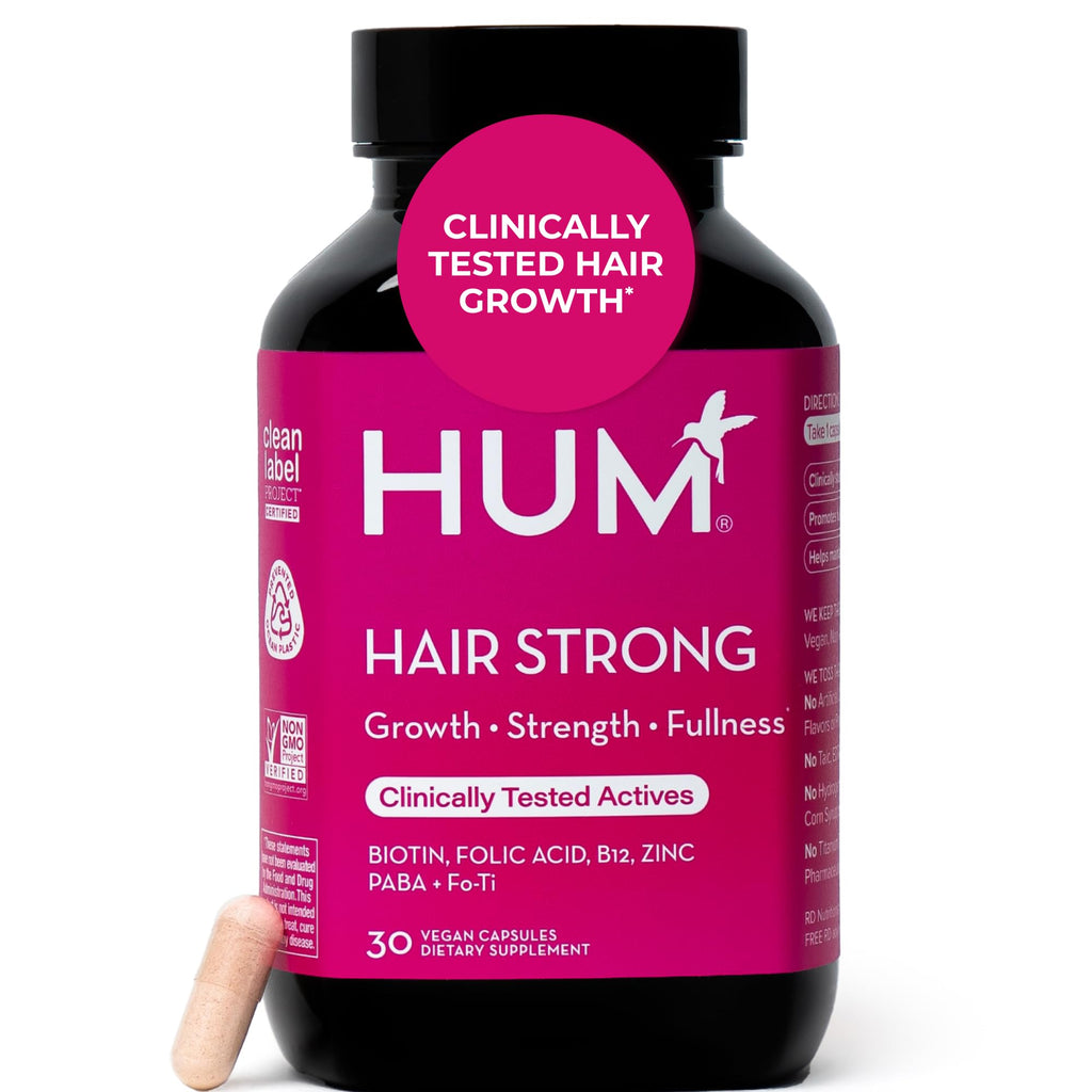 HUM Hair Strong Gummies Biotin, Zinc & Vitamin B12, Hair Growth, 60 Count | Folic Acid, Fo-Ti Root Extract, Biotin & Zinc, Vegan Strawberry Gummies, 3-Month Supply, Non-GMO