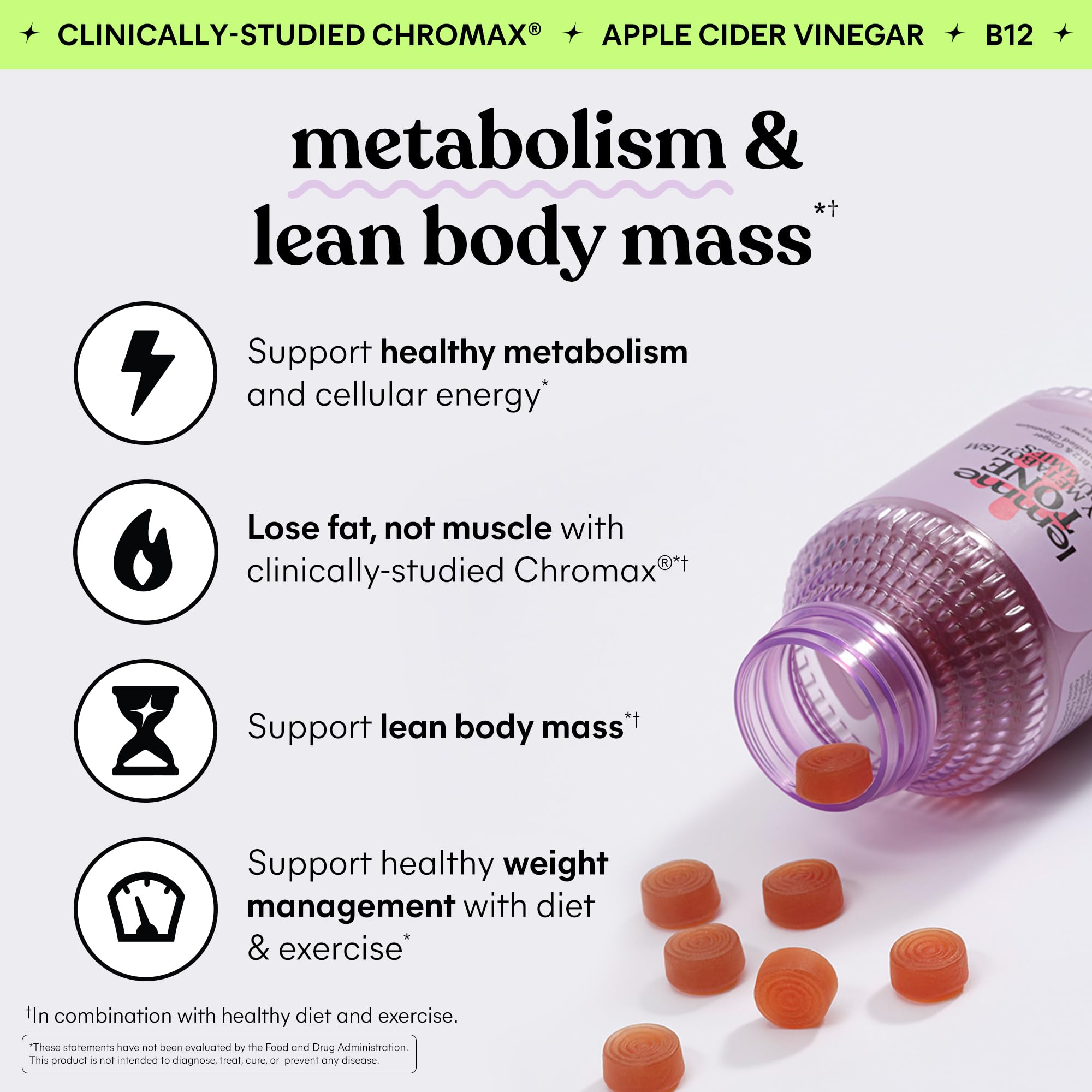 Lemme Tone Metabolism & Body Toning Gummies, 30-Day Supply | Clinically Studied Chromium & B12, Blood Sugar & Weight Management Support, Watermelon Apple Flavor