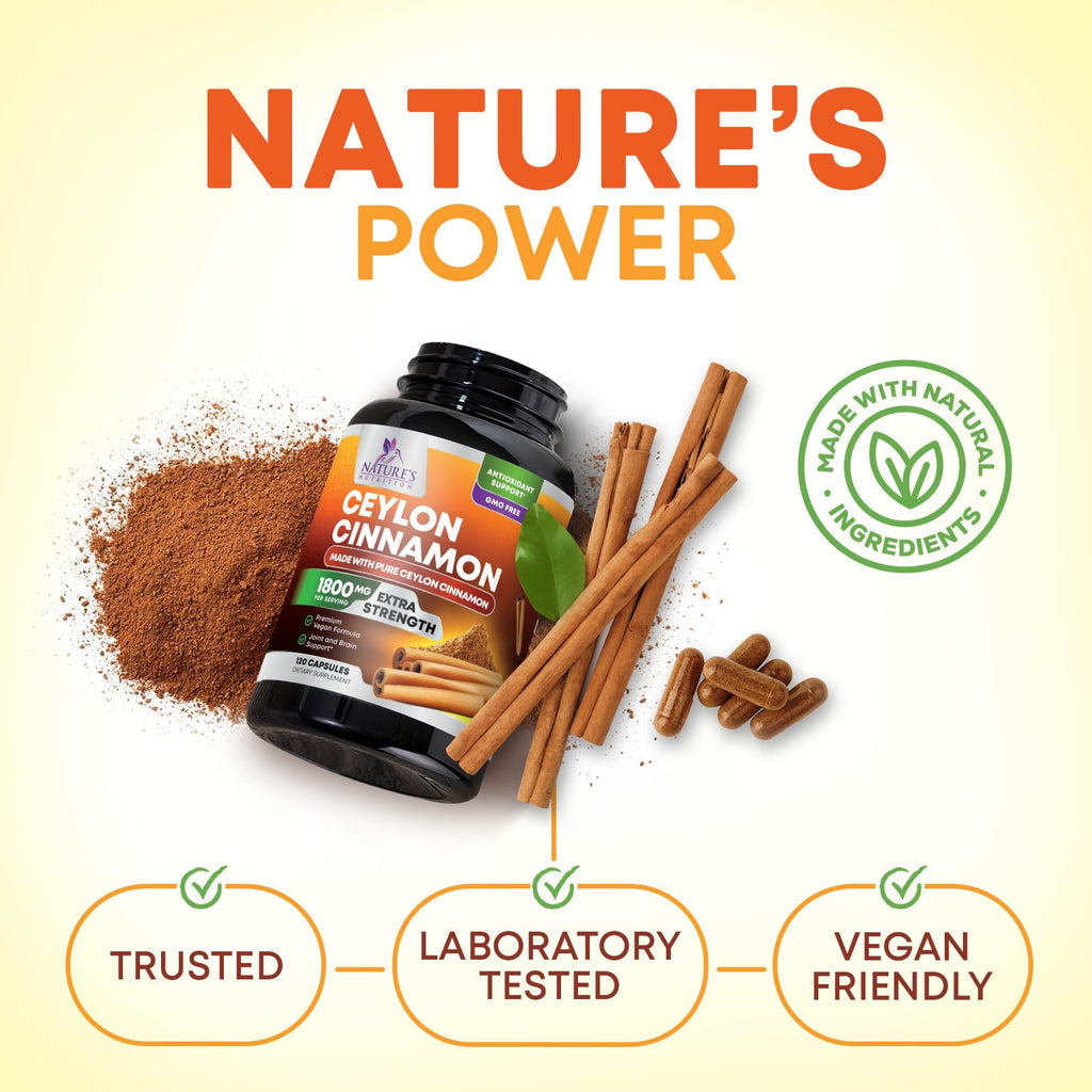 Organic Ceylon Cinnamon Capsules - Extra Strength Certified Organic Ceylon Cinnamon Supplement 1800mg Per Serving - Energy & Heart Support Antioxidant Pill for Women & Men, Bottled USA - 120 Capsules
