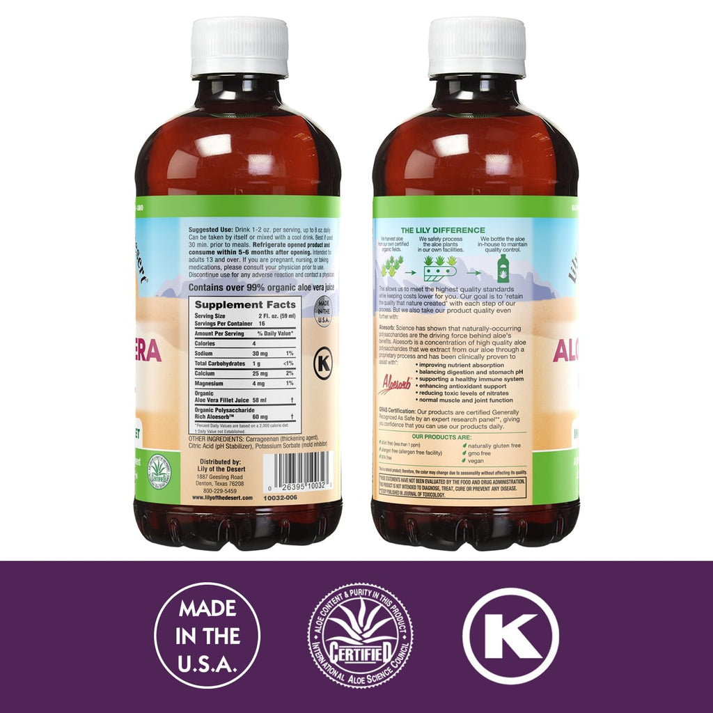 Lily Of The Desert Organic Aloe Vera Juice 2-Pack – Inner Fillet, Natural Gut & Digestive Support, Stomach Relief, 32 Fl Oz Ea