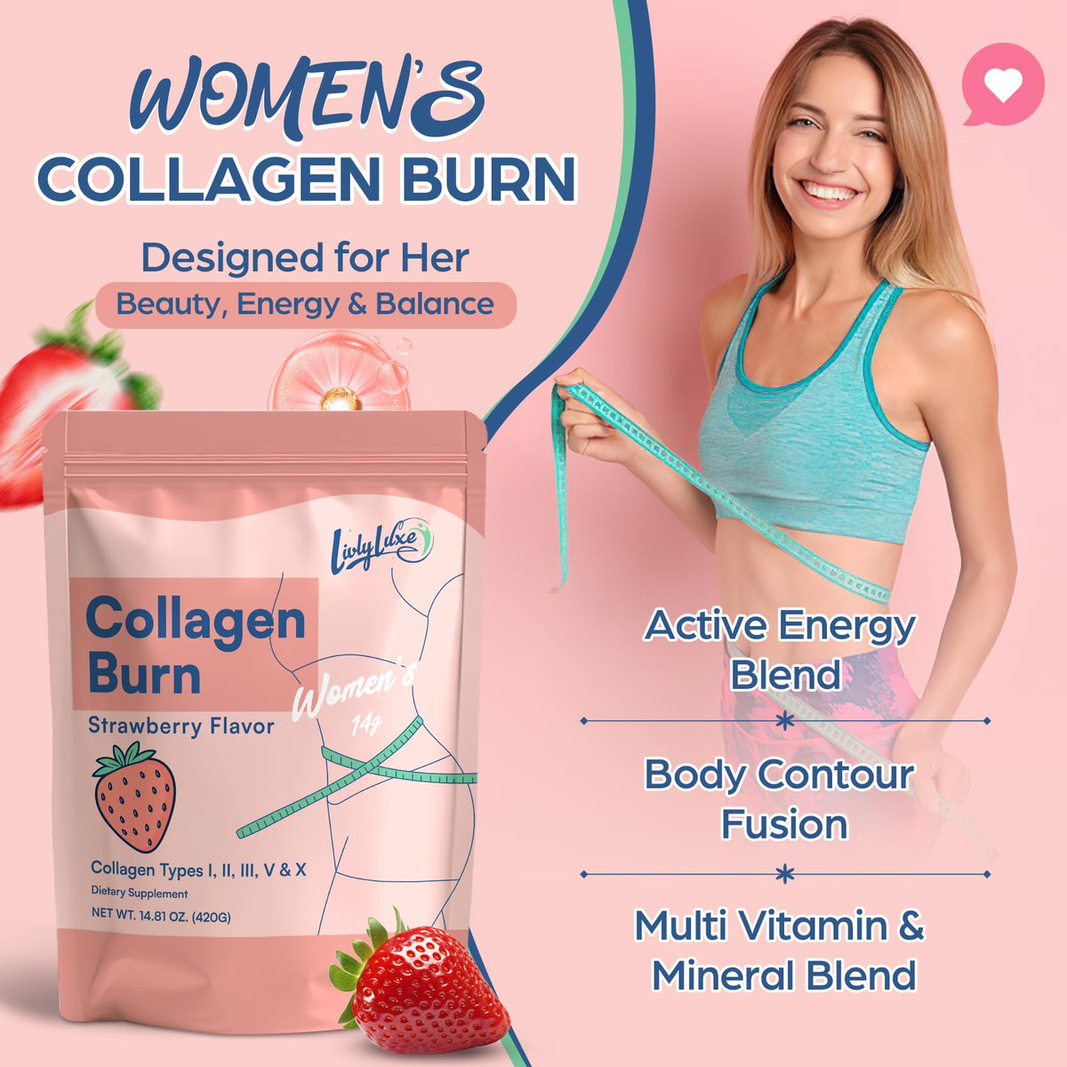 LivLyLuxe Multi Collagen Burn Powder for Women, Peptides for Weight Loss