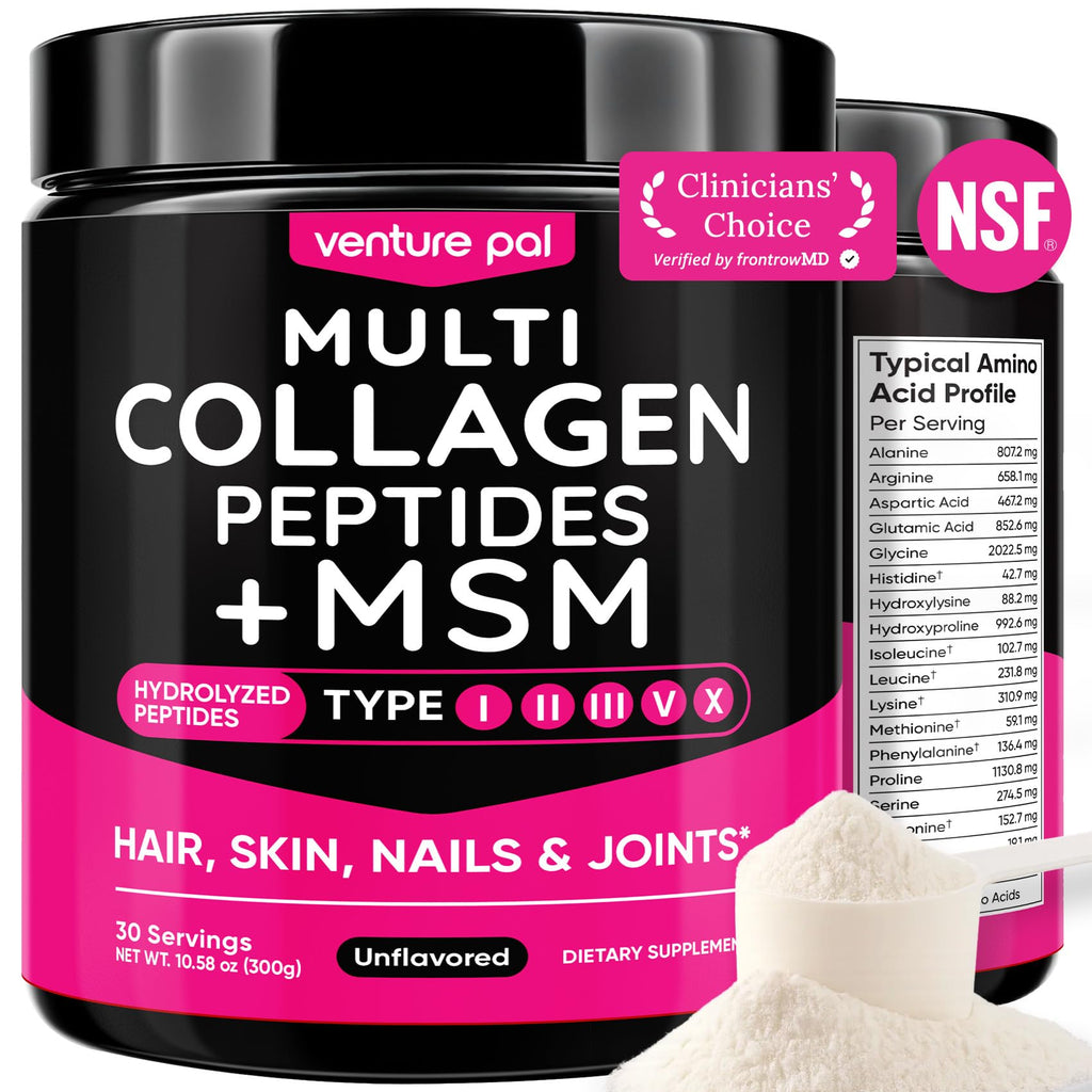 Multi Collagen Powder Type I II III V X, Hydrolyzed Collagen Peptides | With MSM, Glucosamine Chondroitin, Hyaluronic Acid & Vitamin C to Support Skin, Hair, Nails & Joint Health, Unflavored