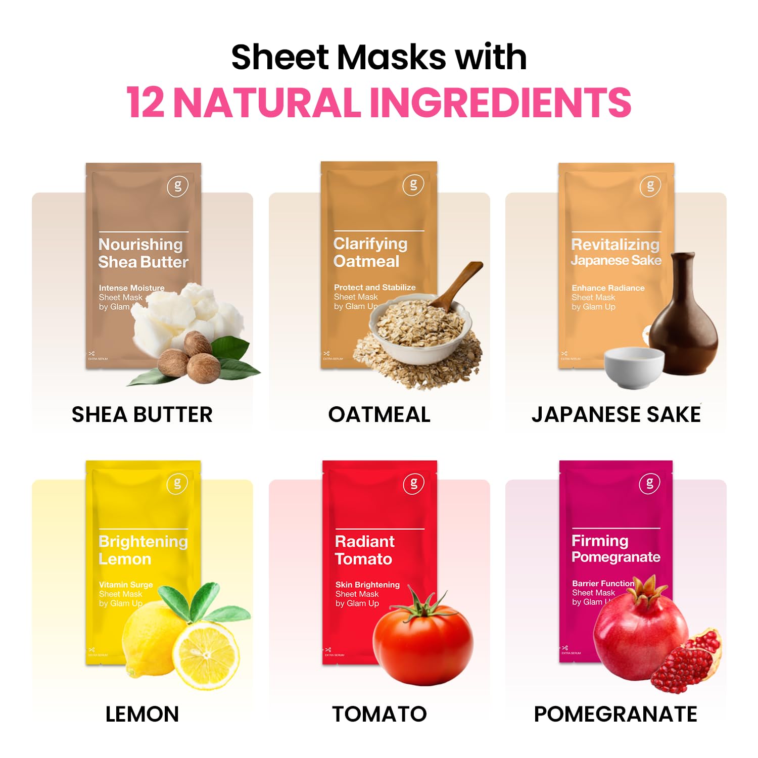 Buy now GLAM UP Korean Facial Sheet Mask 12 Combo Pack | Hydrating & Moisturizing Face Mask for Glass Skin | Soothing Korean Skincare for Sensitive, Dry Skin | Bulk Face Masks Gift Set for Home Spa at indiglob india