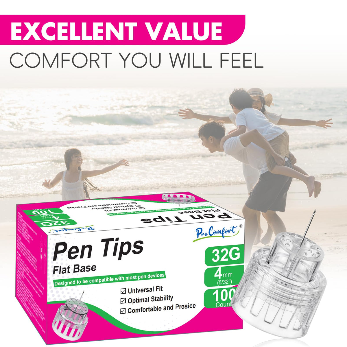 Flat Base Pen Tips 32G x 4mm Pen Tip Comfortable Wide Seat Design 100 Count