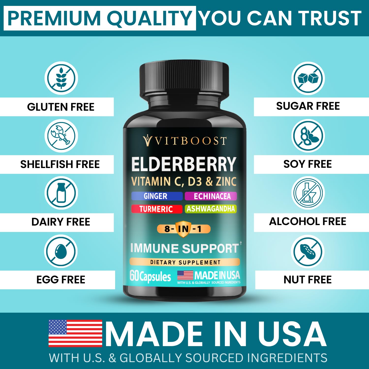 VITBOOST Elderberry Immune Support Supplement 8 in 1 with Vitamin D 5000 IU | Formula with Echinacea, Vitamin C & Zinc, Turmeric, Ginger, Ashwagandha - 60 Capsules