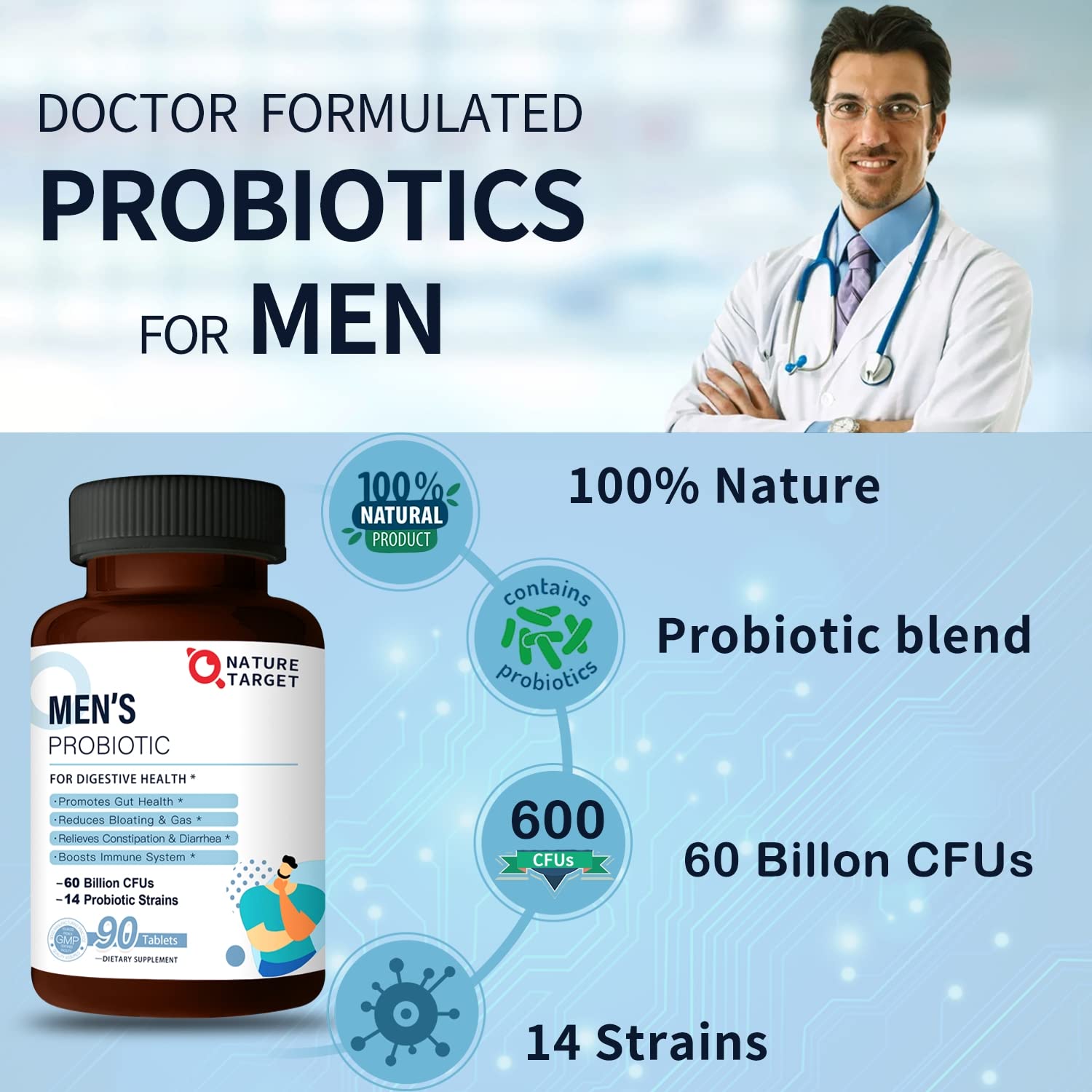 NATURE TARGET Probiotics for Men, 60 Billion CFU, 90 Veggie Tablets | 14 Strains Probiotics & Prebiotics for Men's Digestive & Immune Health, Shelf Stable, Gluten & Soy Free
