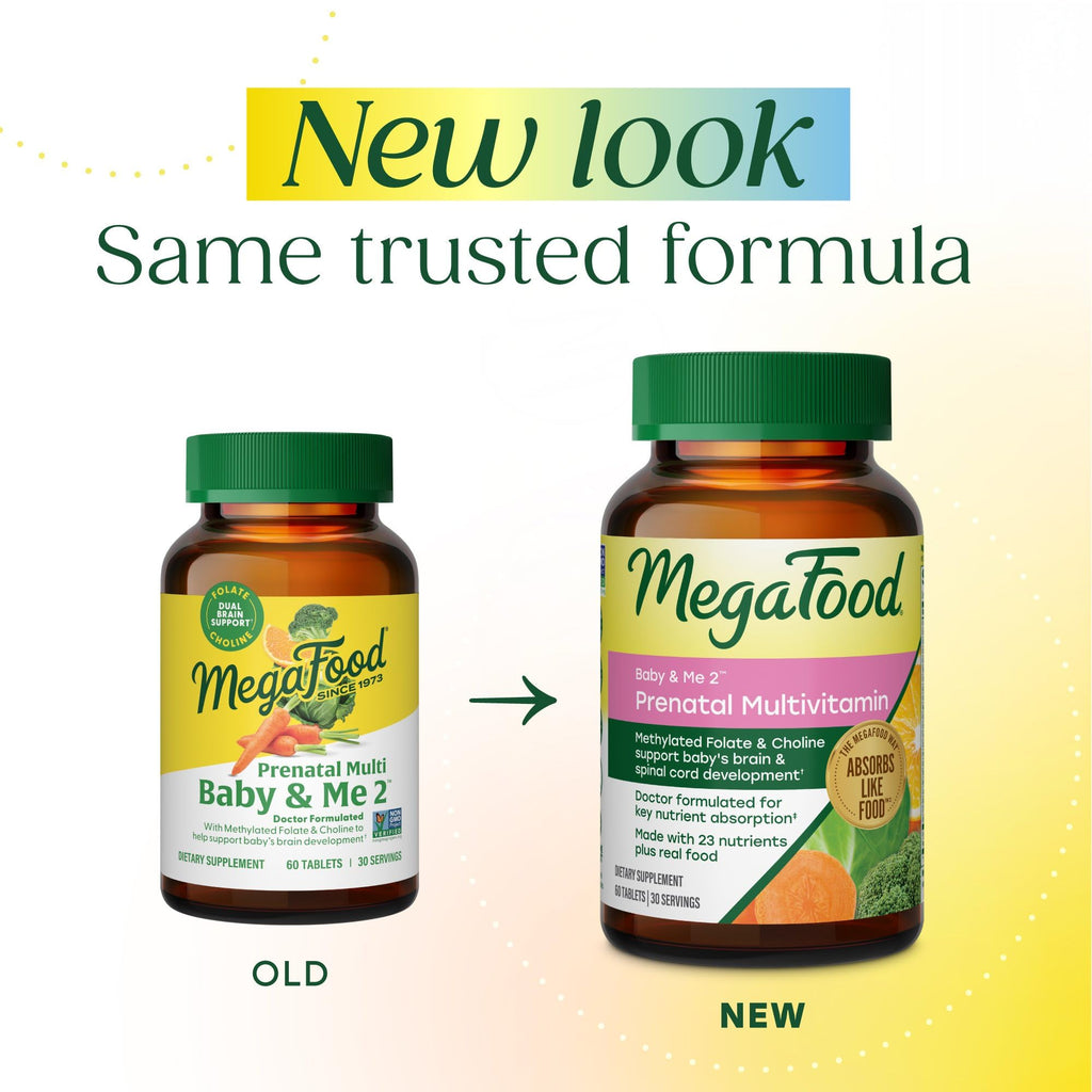 MegaFood Baby & Me 2 Prenatal Vitamins, Doctor Formulated, 60 Tablets | Prenatal Vitamins for Women with Methylfolate, Choline, Iron, Iodine, Vitamin C & D3, Non-GMO, Vegetarian, 30 Servings