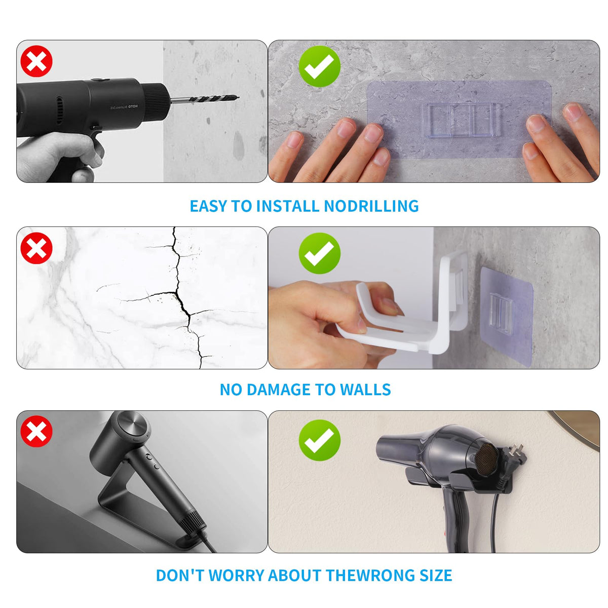 2Pcs Universal Hair Dryer Holder, Blow Dryer Holder with Cord Storage, Hair Dryer Holder Wall Mounted, Bathroom Hair Tool Organizer for Dyson, Stable Easy To Install (Get 2 Styles)