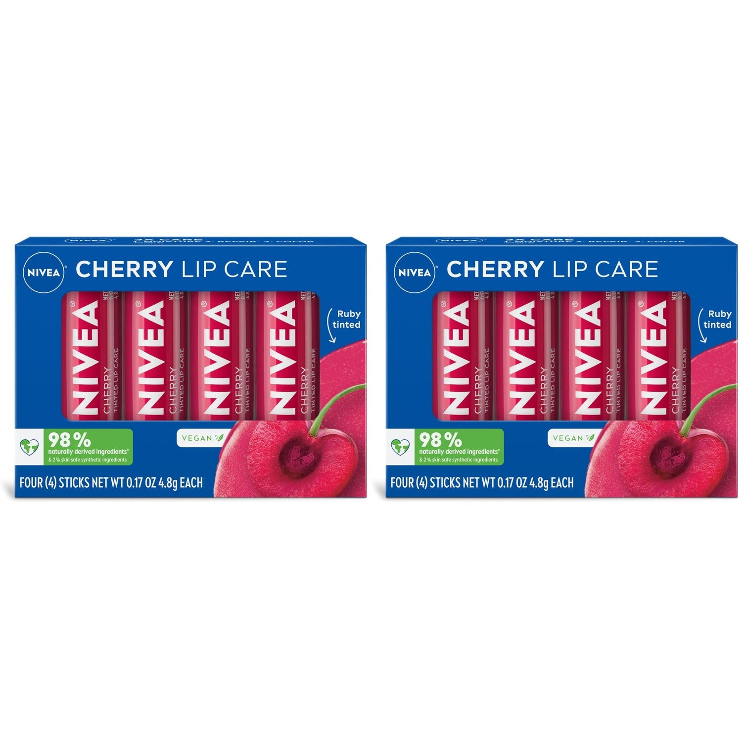 Buy now NIVEA Lip Care, Fruity Tinted Lip Balm Variety Pack, Cherry, Strawberry, Blackberry and Watermelon Flavors, 3-in-1 Moisture, Repair and Color, 0.17 Oz Stick, Pack of 4 at indiglob india