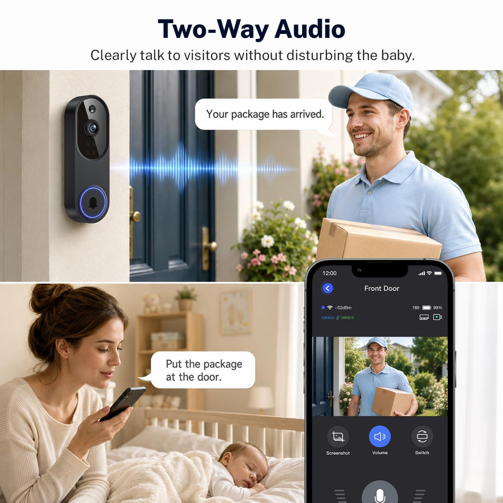 Video Doorbell Camera, Wireless Security Camera, 1080p, Battery Powered, AI Motion Detection, Night Vision, Two-Way Audio, Cloud Storage, 2.4 GWi-Fi, for Visitor, Baby Monitor