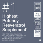 Toniiq NSF Certified Ultra High Purity Resveratrol Capsules | 98% Trans-Resveratrol - Highly Purified and Bioavailable - 180 Caps Resveratrol Supplement
