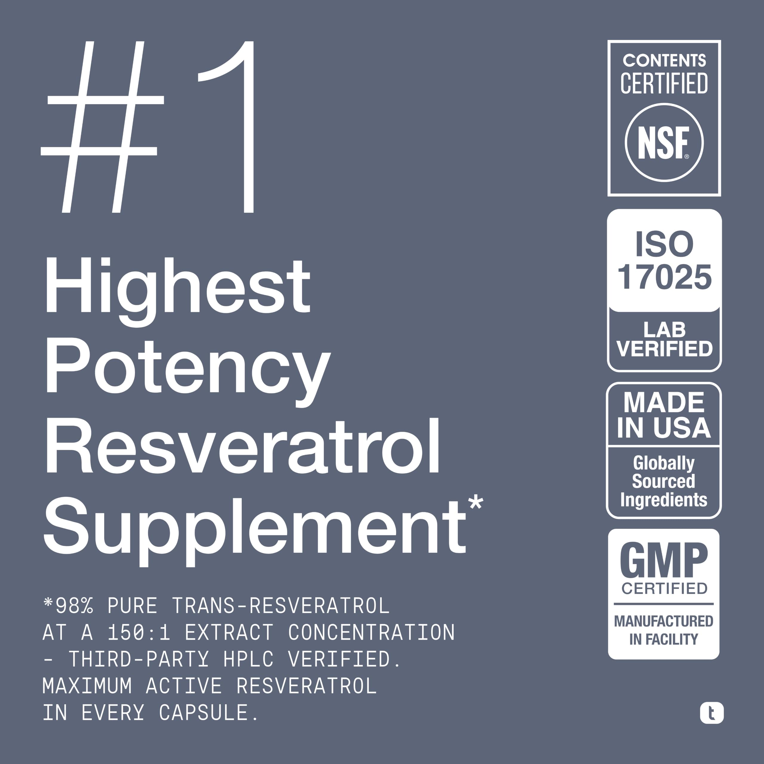 Toniiq NSF Certified Ultra High Purity Resveratrol Capsules | 98% Trans-Resveratrol - Highly Purified and Bioavailable - 180 Caps Resveratrol Supplement