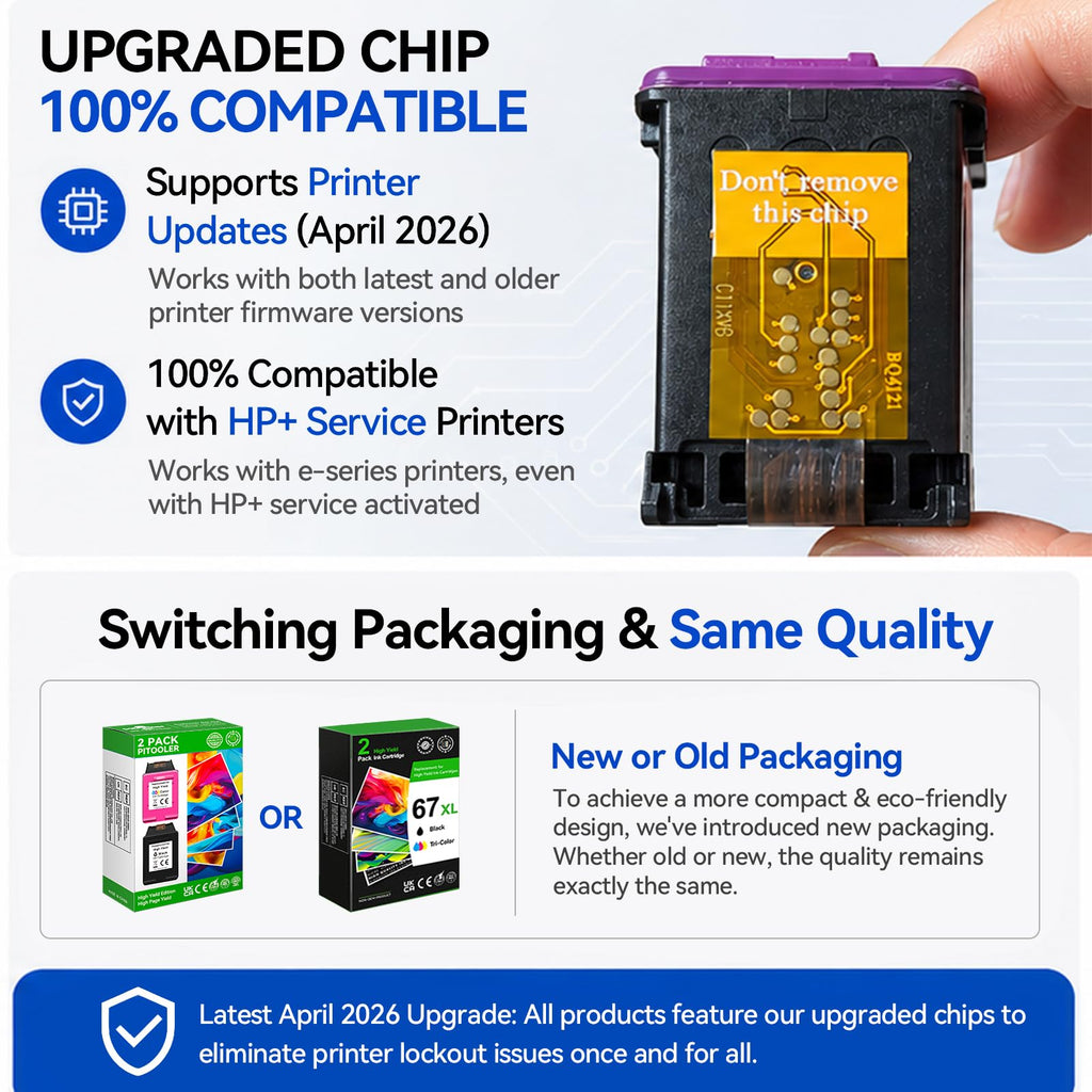 Upgraded Chip 67XL Ink Cartridges Compatible for HP 67 Ink Cartridges Black/Color Combo Pack Work with DeskJet 2855e 2827e 2800e 4255e 2755e 2700 4155e 4227e 2700e 2734e 2852e Envy 6055e 6000 Printer