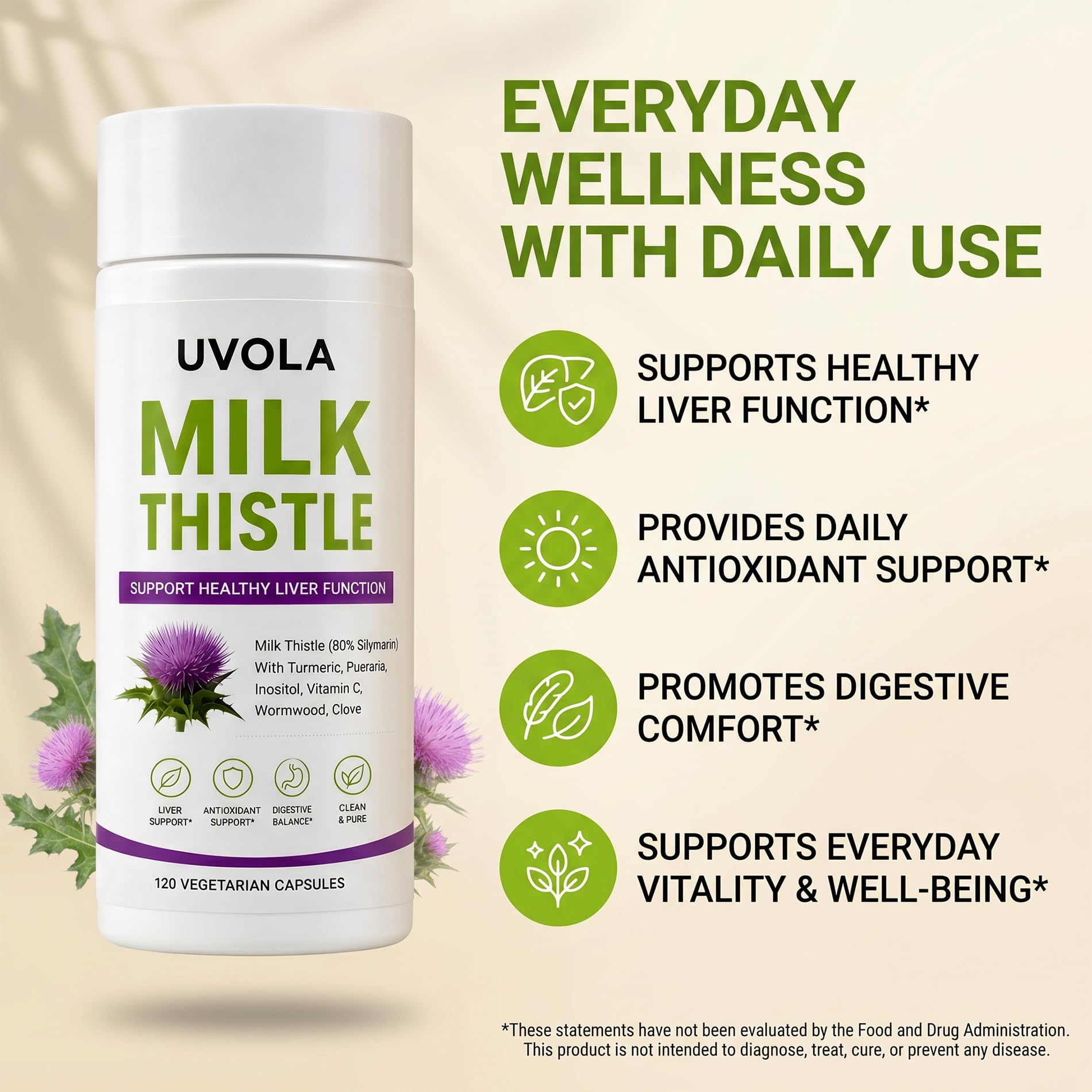 Milk Thistle Liver Support Supplement with 80% Silymarin, Inositol, Turmeric, Clove, Vitamin C and L-Methionine, Digestive and Antioxidant Support, 120 Capsules (1)