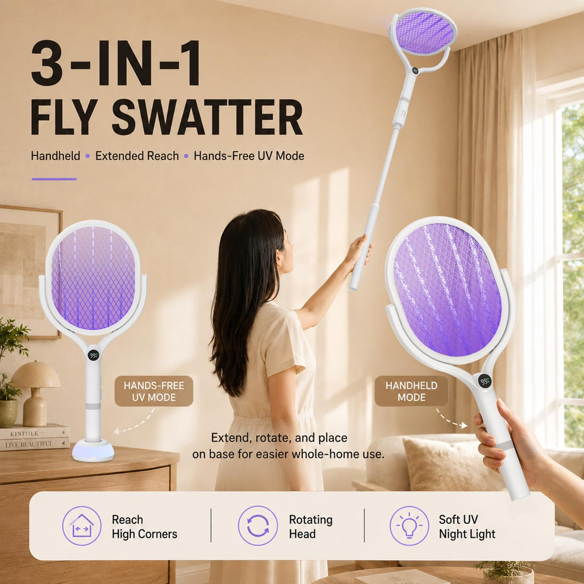 Electric Fly Swatter Racket 5000V Bug Zapper with Power Display