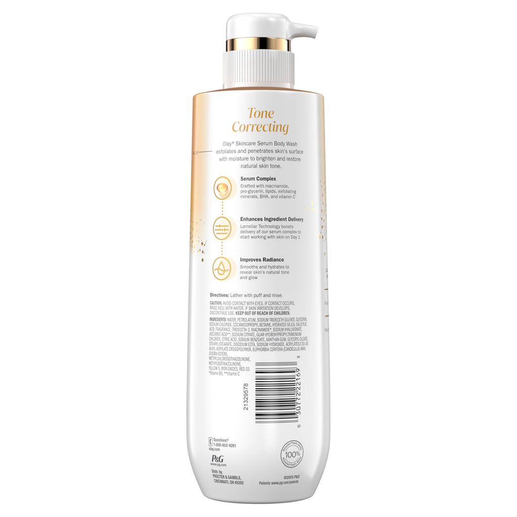 Olay Body Wash for Women, Tone Brightening Exfoliation, Vitamin C Serum Complex, Renew Moisture, Free of Parabens & Phthalates, Vitamin B3 Lameller Technology, For All Skin Types, 20 fl oz